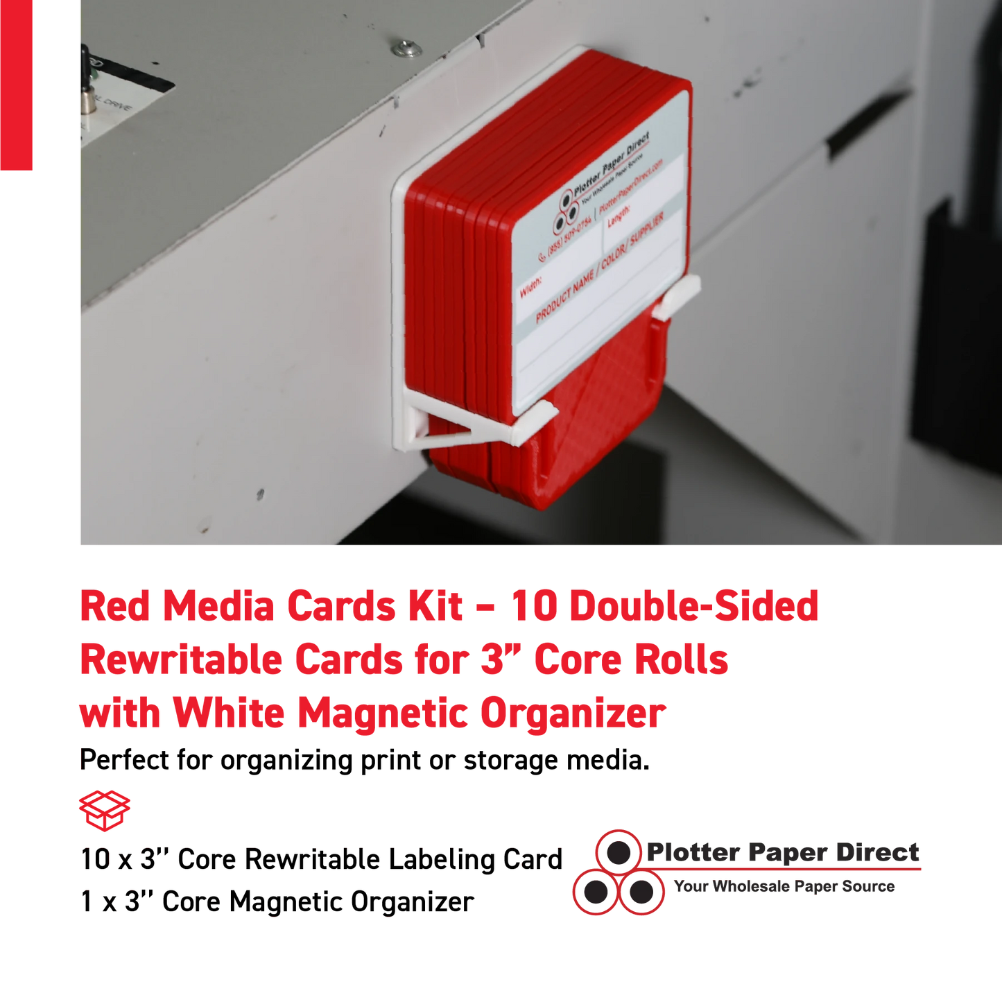 Red MediaCards Kit for Vinyl Roll Storage – 10 Writable Double-Sided Cards for 3" Core Rolls with White Magnetic Organizer – Label & Track Media Easily