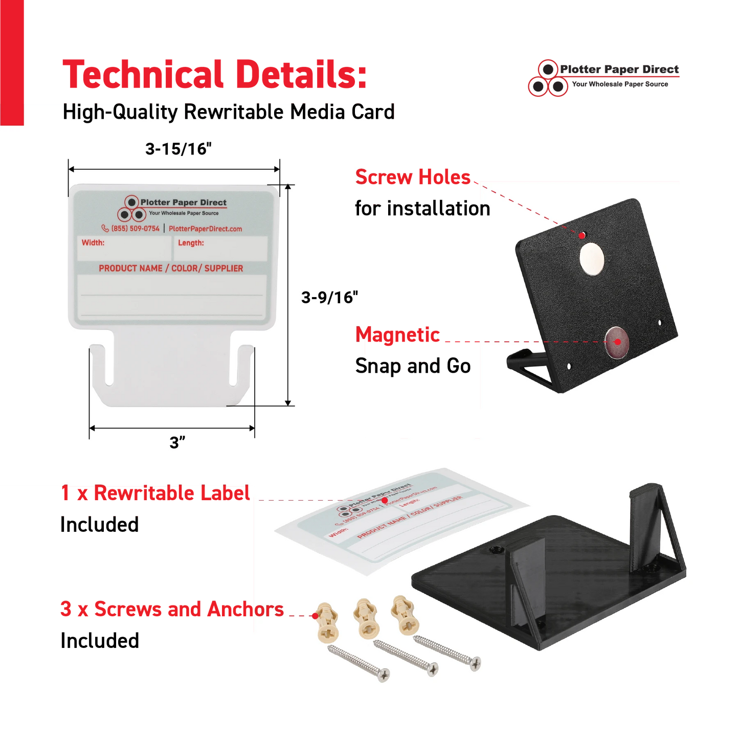 White MediaCards Kit for Vinyl Roll Storage – 10 Writable Double-Sided Cards for 3" Core Rolls with Black Magnetic Organizer – Label & Track Media Easily