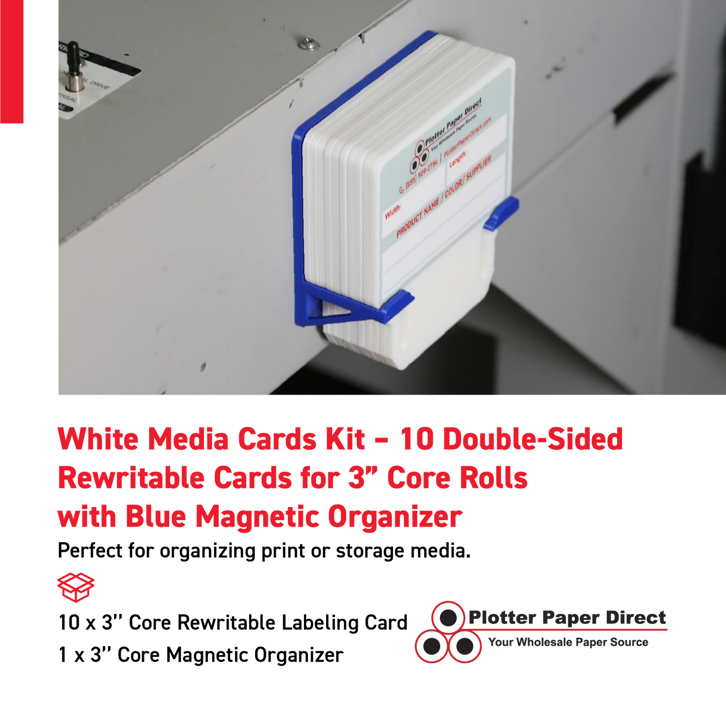 White MediaCards Kit for Vinyl Roll Storage – 10 Writable Double-Sided Cards for 3" Core Rolls with Blue Magnetic Organizer – Label & Track Media Easily