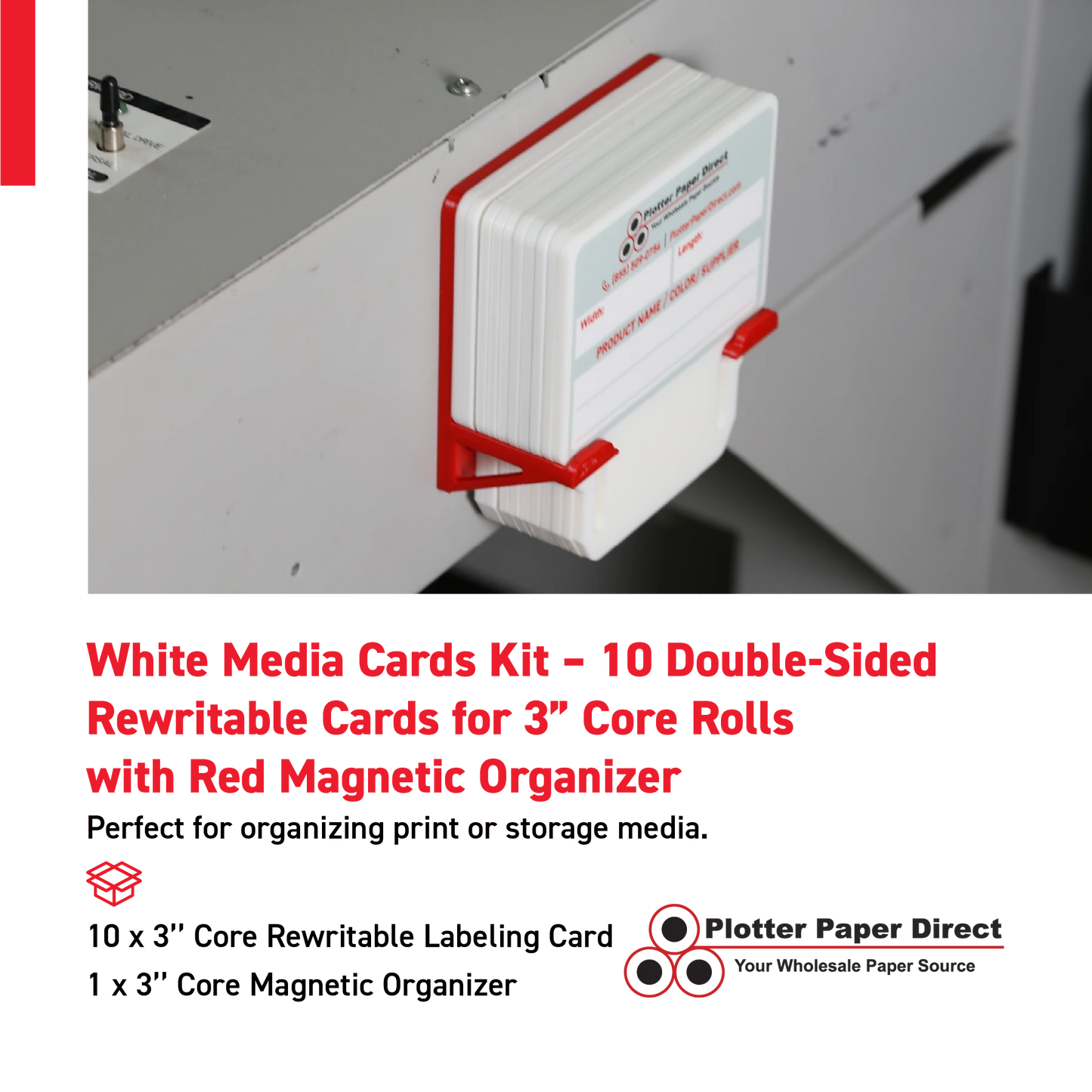 White MediaCards Kit for Vinyl Roll Storage – 10 Writable Double-Sided Cards for 3" Core Rolls with Red Magnetic Organizer – Label & Track Media Easily