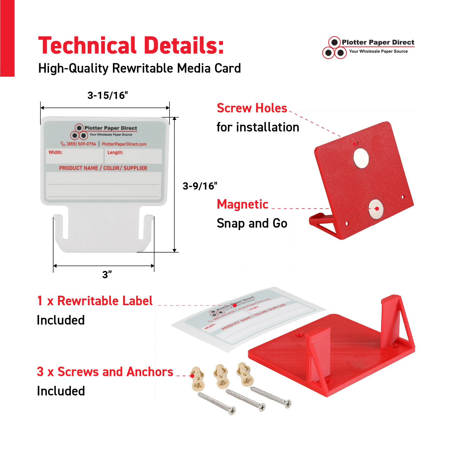 White MediaCards Kit for Vinyl Roll Storage – 10 Writable Double-Sided Cards for 3" Core Rolls with Red Magnetic Organizer – Label & Track Media Easily