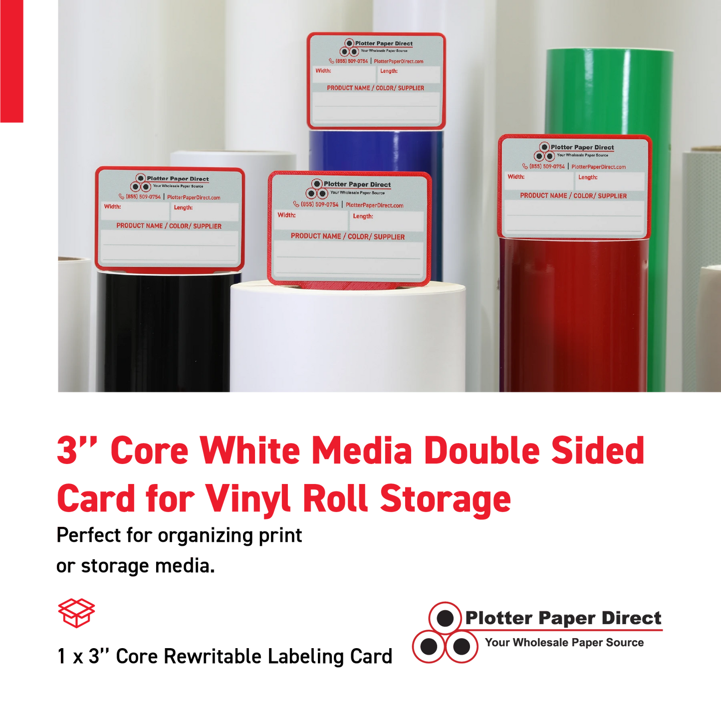White MediaCards for Vinyl Roll Storage – Writable Labeling Cards for 3" Core Rolls – Double-Sided Design with Fields for Product & Order Info