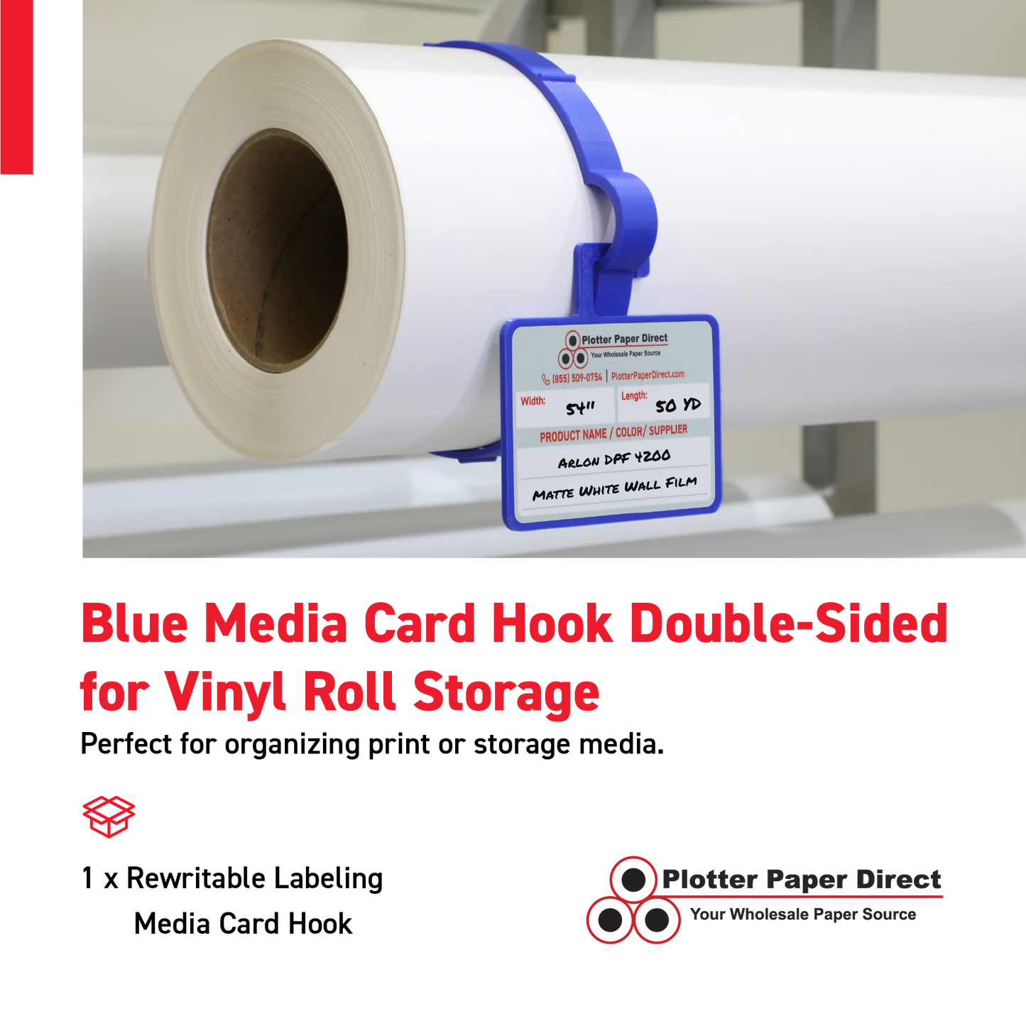 Blue MediaCards Hook for Vinyl Roll Storage – Writable Labeling Cards for Vinyl Roll Clips – Double-Sided Design with Fields for Size, Color, Supplier & More