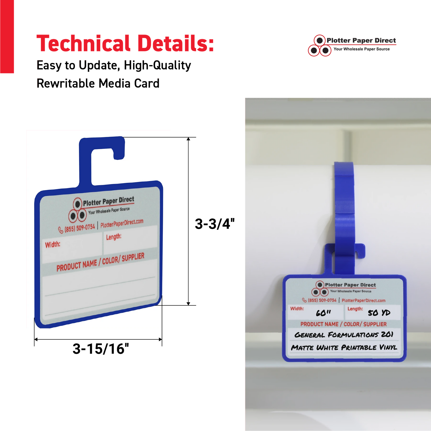 Blue MediaCards Hook for Vinyl Roll Storage – Writable Labeling Cards for Vinyl Roll Clips – Double-Sided Design with Fields for Size, Color, Supplier & More
