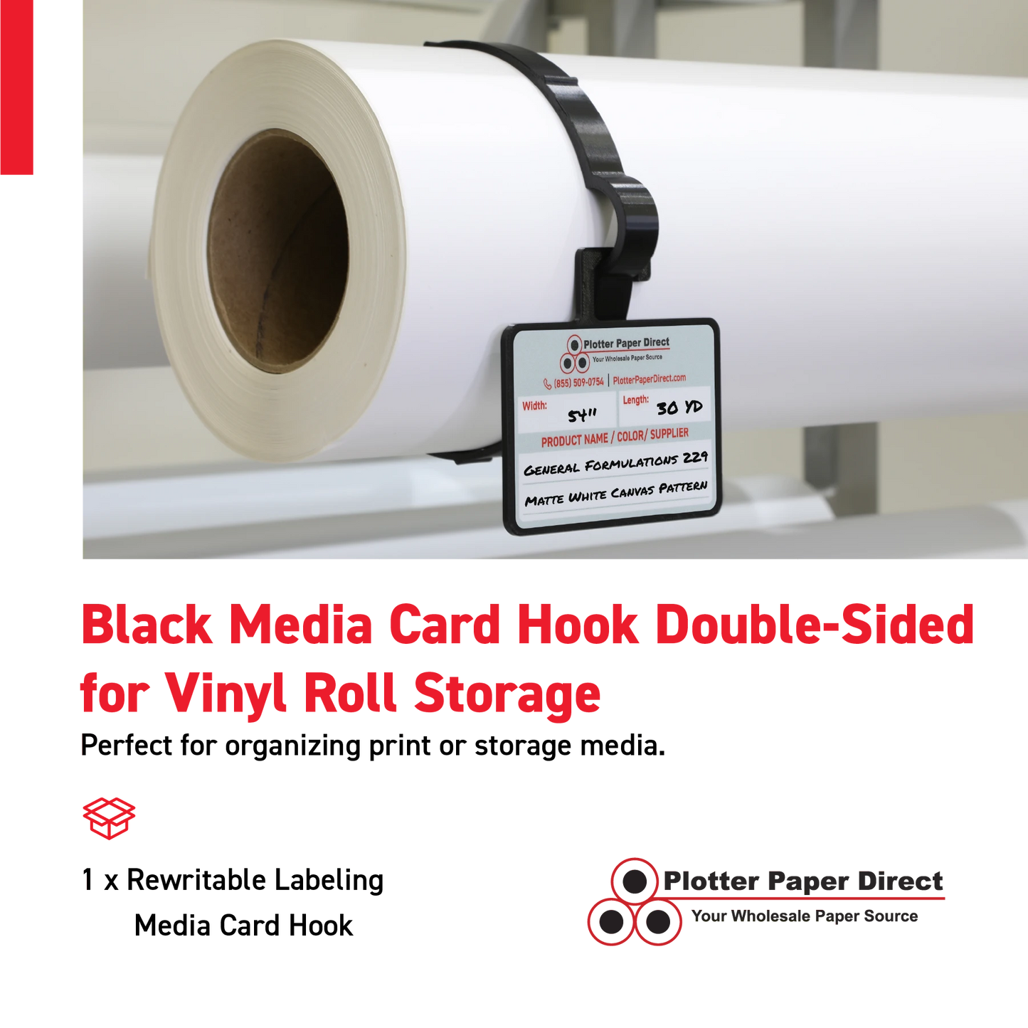 Black MediaCards Hook for Vinyl Roll Storage – Writable Labeling Cards for Vinyl Roll Clips – Double-Sided Design with Fields for Size, Color, Supplier & More