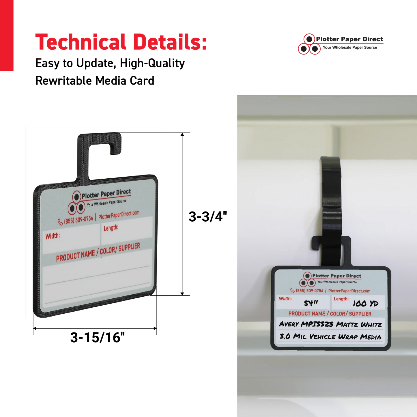 Black MediaCards Hook for Vinyl Roll Storage – Writable Labeling Cards for Vinyl Roll Clips – Double-Sided Design with Fields for Size, Color, Supplier & More