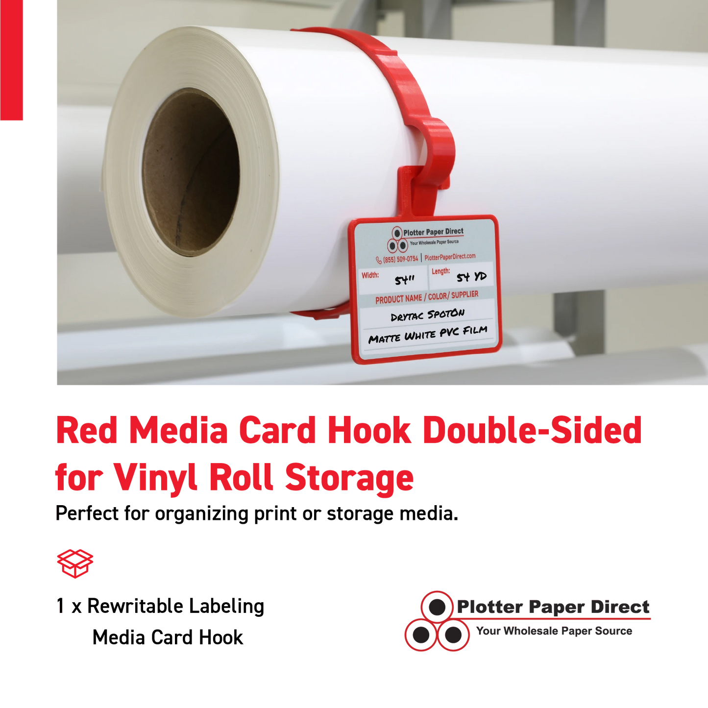 Red MediaCards Hook for Vinyl Roll Storage – Writable Labeling Cards for Vinyl Roll Clips – Double-Sided Design with Fields for Size, Color, Supplier & More