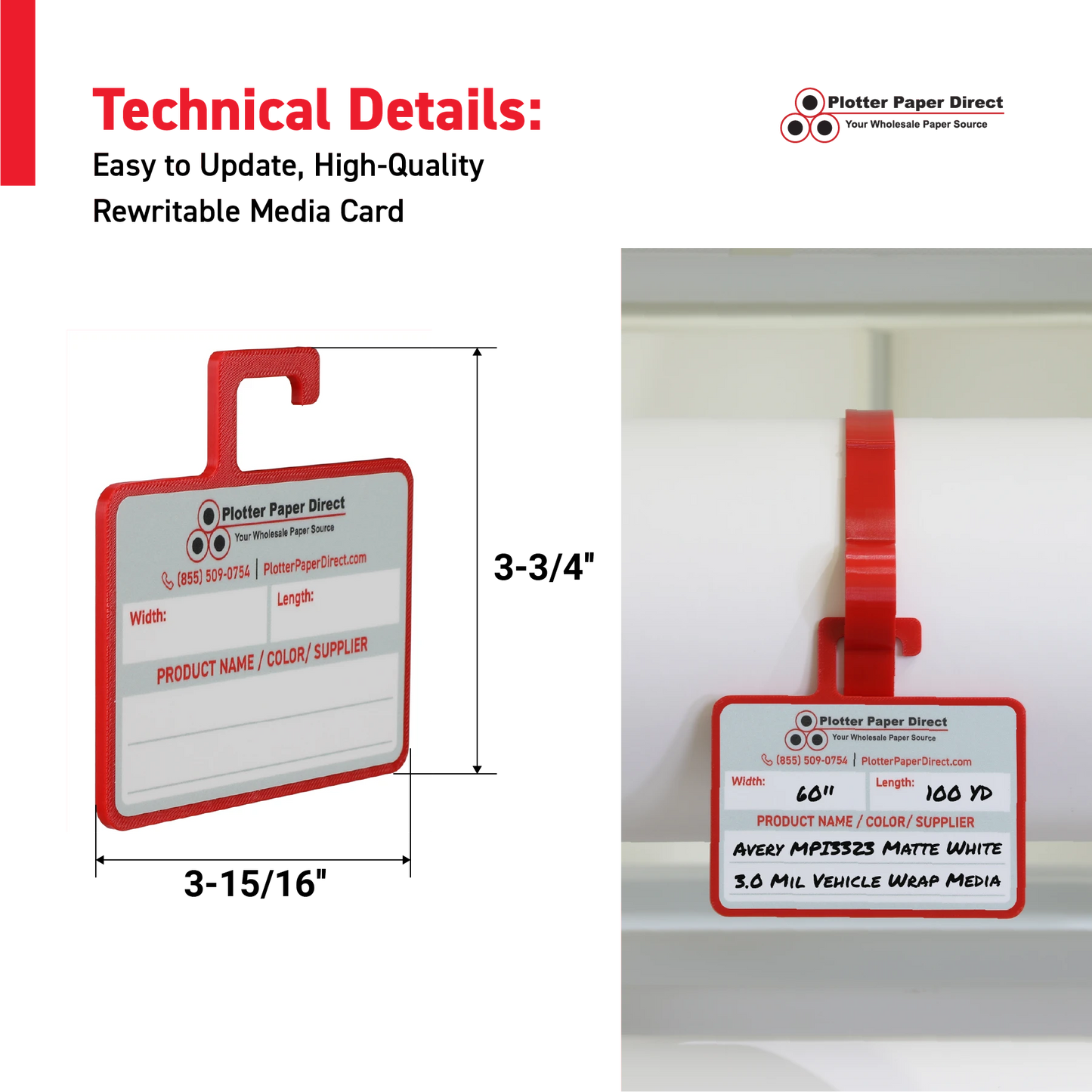 Red MediaCards Hook for Vinyl Roll Storage – Writable Labeling Cards for Vinyl Roll Clips – Double-Sided Design with Fields for Size, Color, Supplier & More