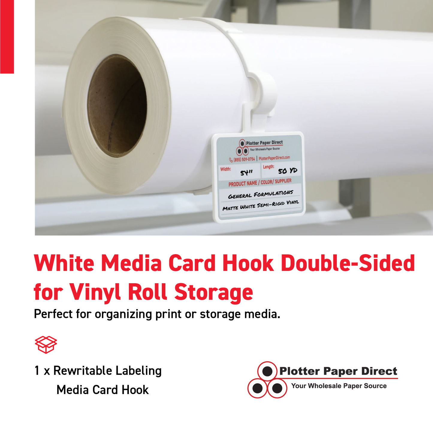 White MediaCards Hook for Vinyl Roll Storage – Writable Labeling Cards for Vinyl Roll Clips – Double-Sided Design with Fields for Size, Color, Supplier & More