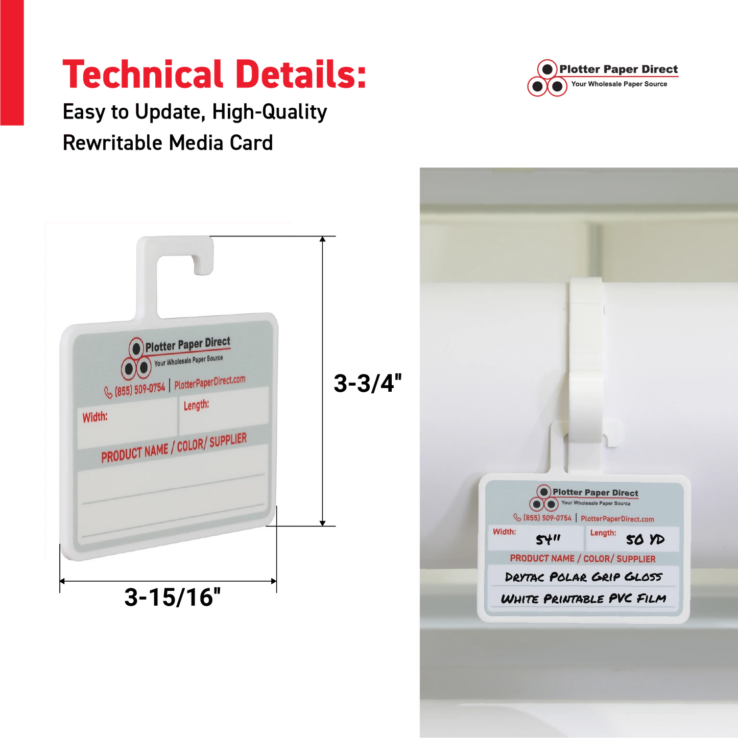White MediaCards Hook for Vinyl Roll Storage – Writable Labeling Cards for Vinyl Roll Clips – Double-Sided Design with Fields for Size, Color, Supplier & More