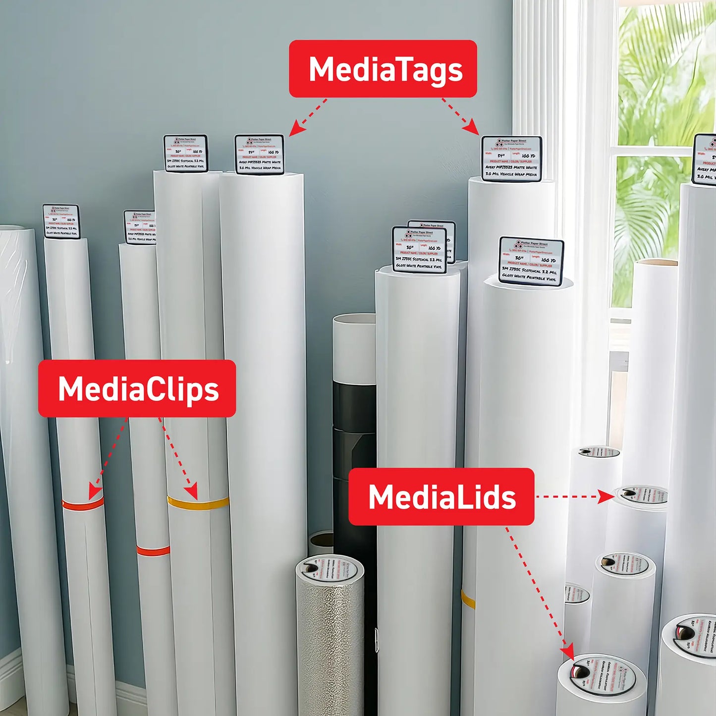 White MediaCards Kit for Vinyl Roll Storage – 10 Writable Double-Sided Cards for 2" Core Rolls with Red Magnetic Organizer – Label & Track Media Easily