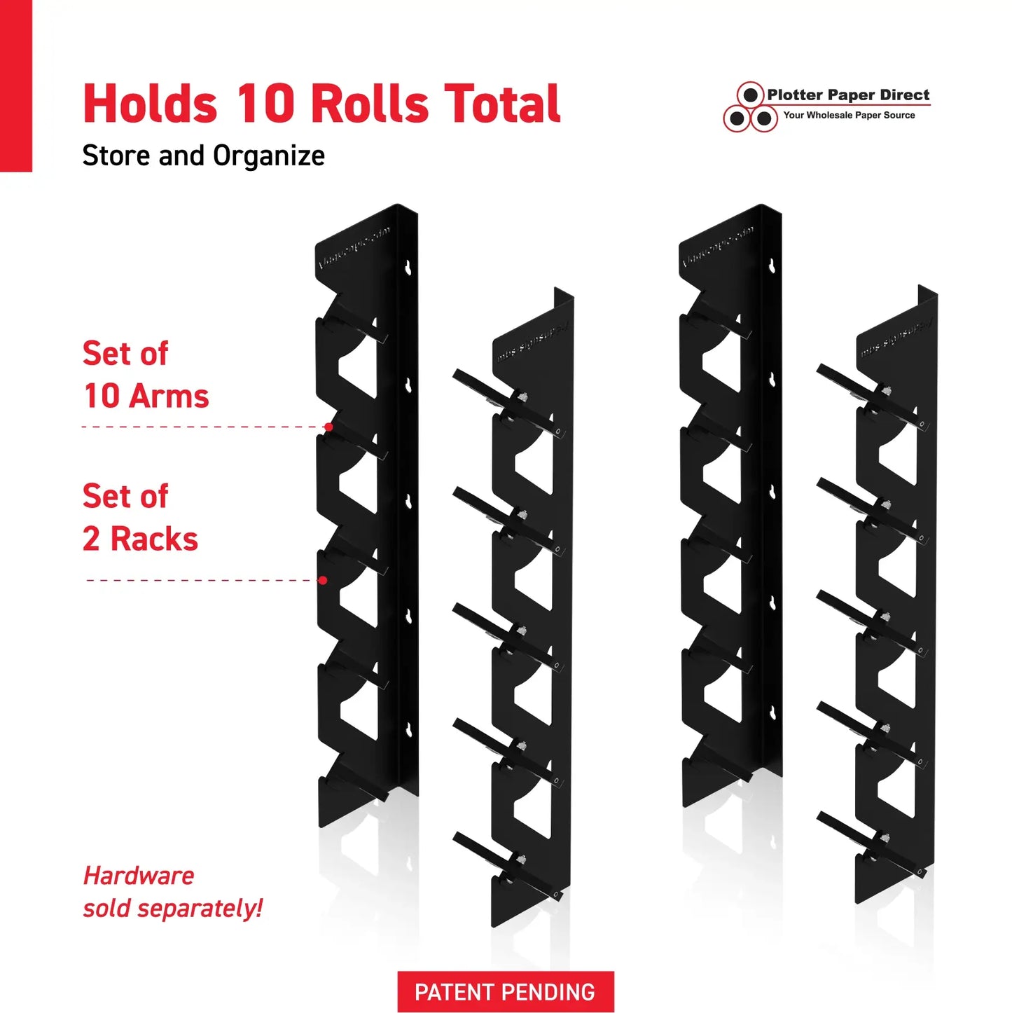 2-Pack Wall Mounted Vinyl Roll Storage Racks – Black Aluminum with Black ABS Swivel Arms, Holds 10 Rolls Total, Space-Saving Organizer for Print Shops, Studios & Craft Rooms