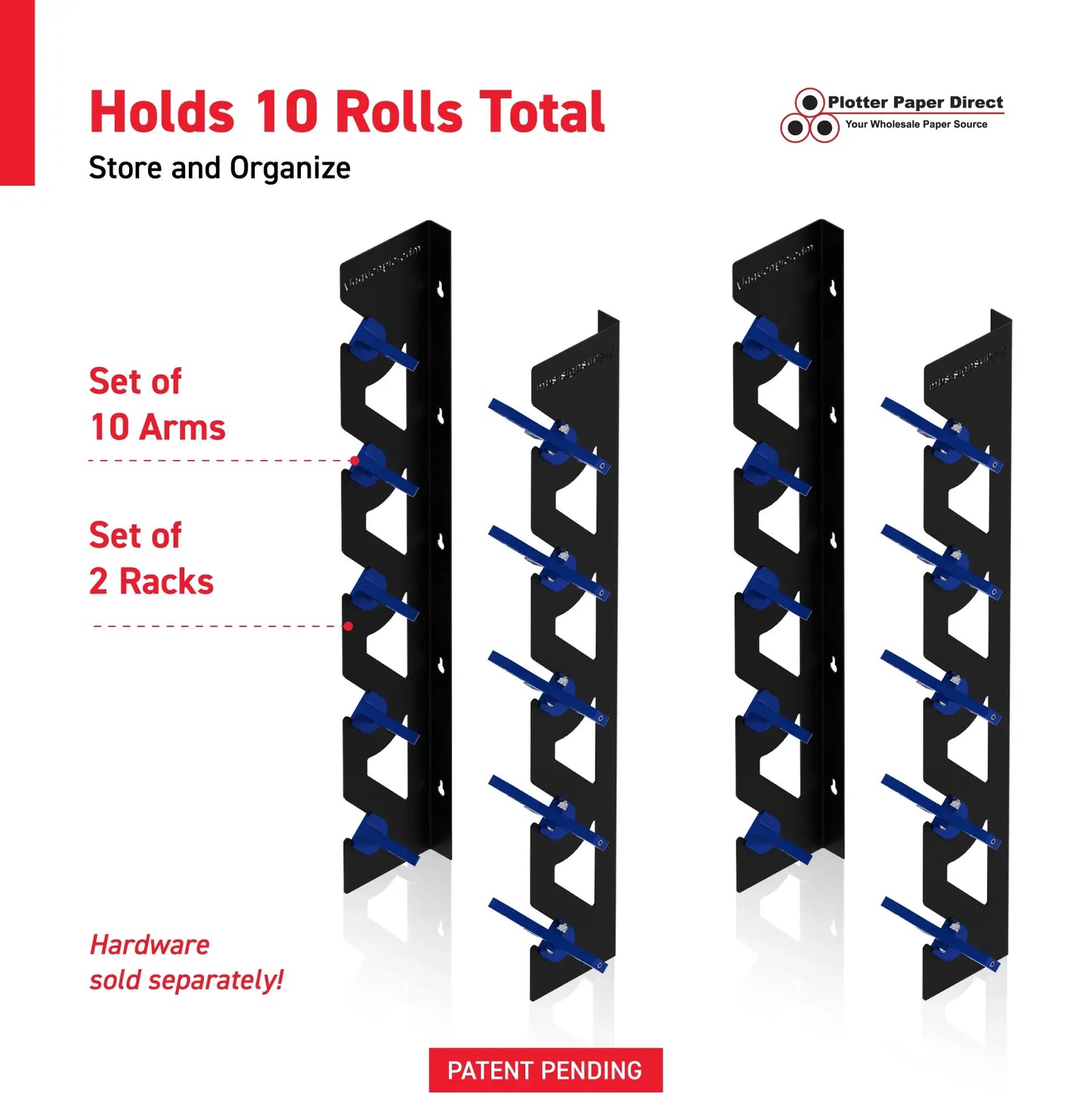 2-Pack Wall Mounted Vinyl Roll Storage Racks – Black Aluminum with Blue ABS Swivel Arms, Holds 10 Rolls Total, Space-Saving Organizer for Print Shops, Studios & Craft Rooms