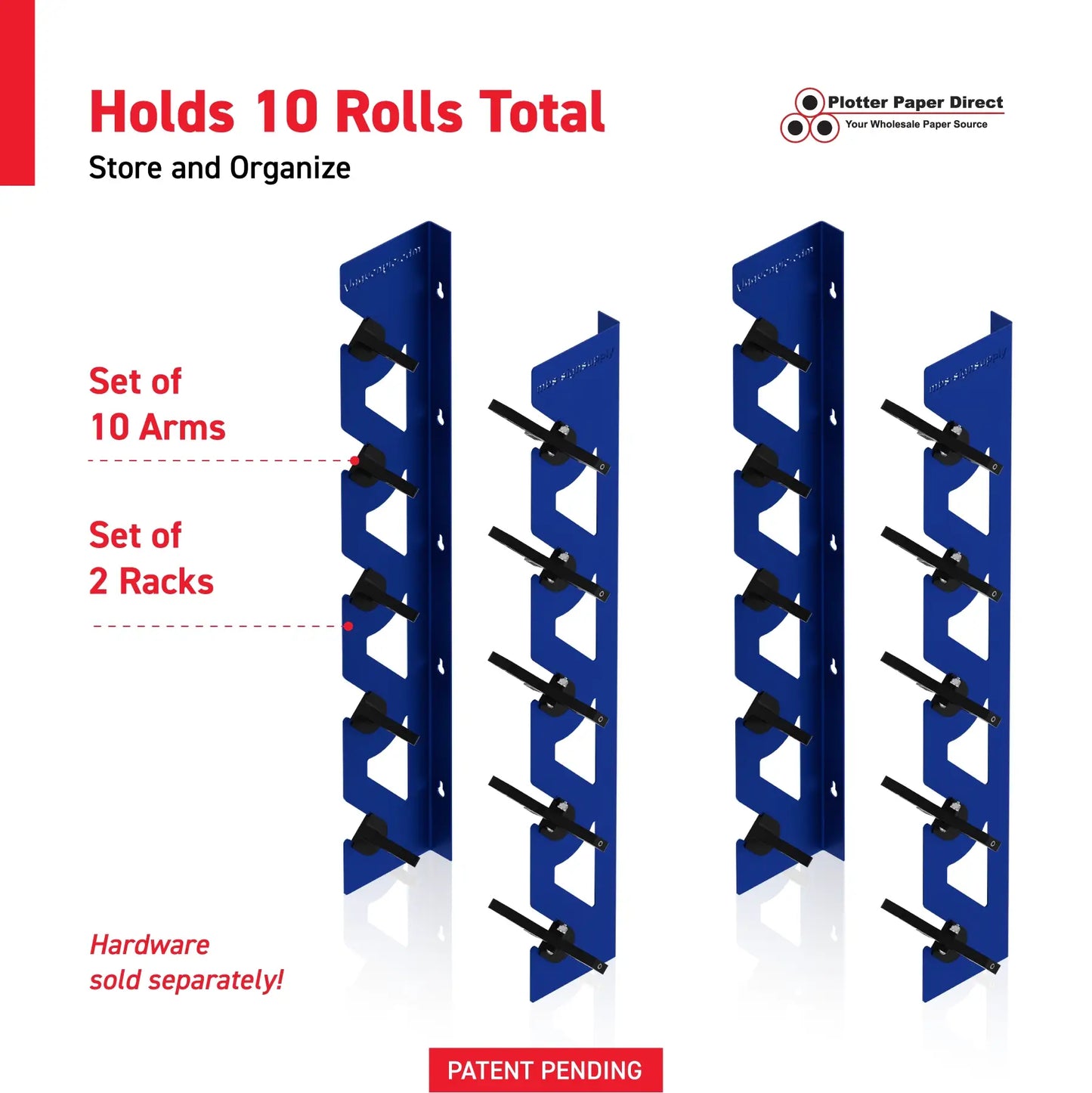 2-Pack Wall Mounted Vinyl Roll Storage Racks – Blue Aluminum with Black ABS Swivel Arms, Holds 10 Rolls Total, Space-Saving Organizer for Print Shops, Studios & Craft Rooms