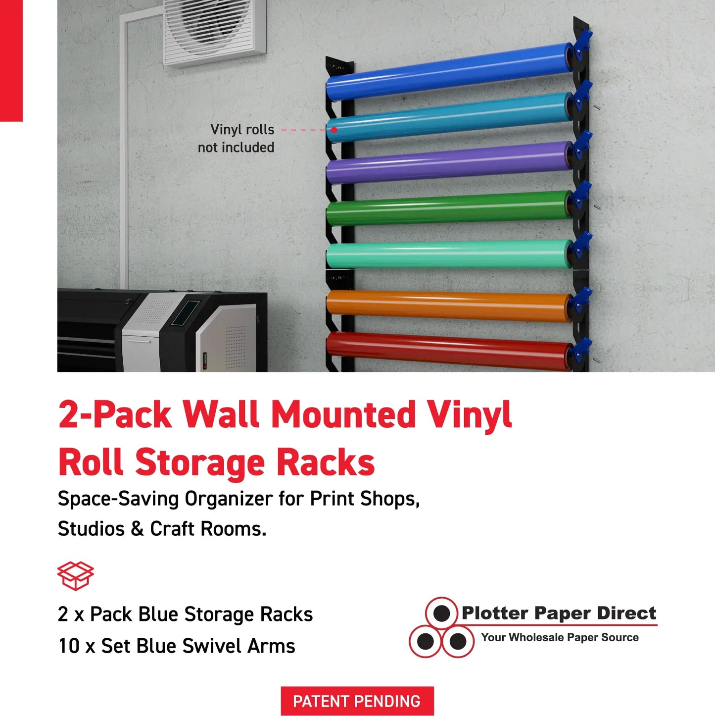 2-Pack Wall Mounted Vinyl Roll Storage Racks – Blue Aluminum with Blue ABS Swivel Arms, Holds 10 Rolls Total, Space-Saving Organizer for Print Shops, Studios & Craft Rooms