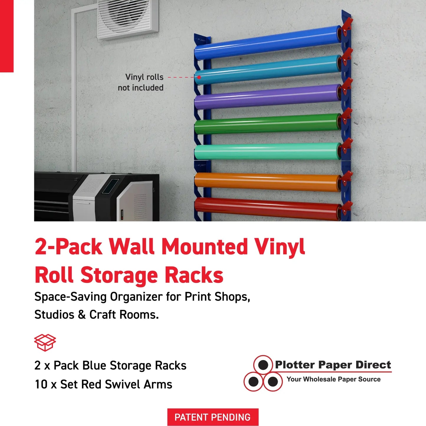 2-Pack Wall Mounted Vinyl Roll Storage Racks – Blue Aluminum with Red ABS Swivel Arms, Holds 10 Rolls Total, Space-Saving Organizer for Print Shops, Studios & Craft Rooms