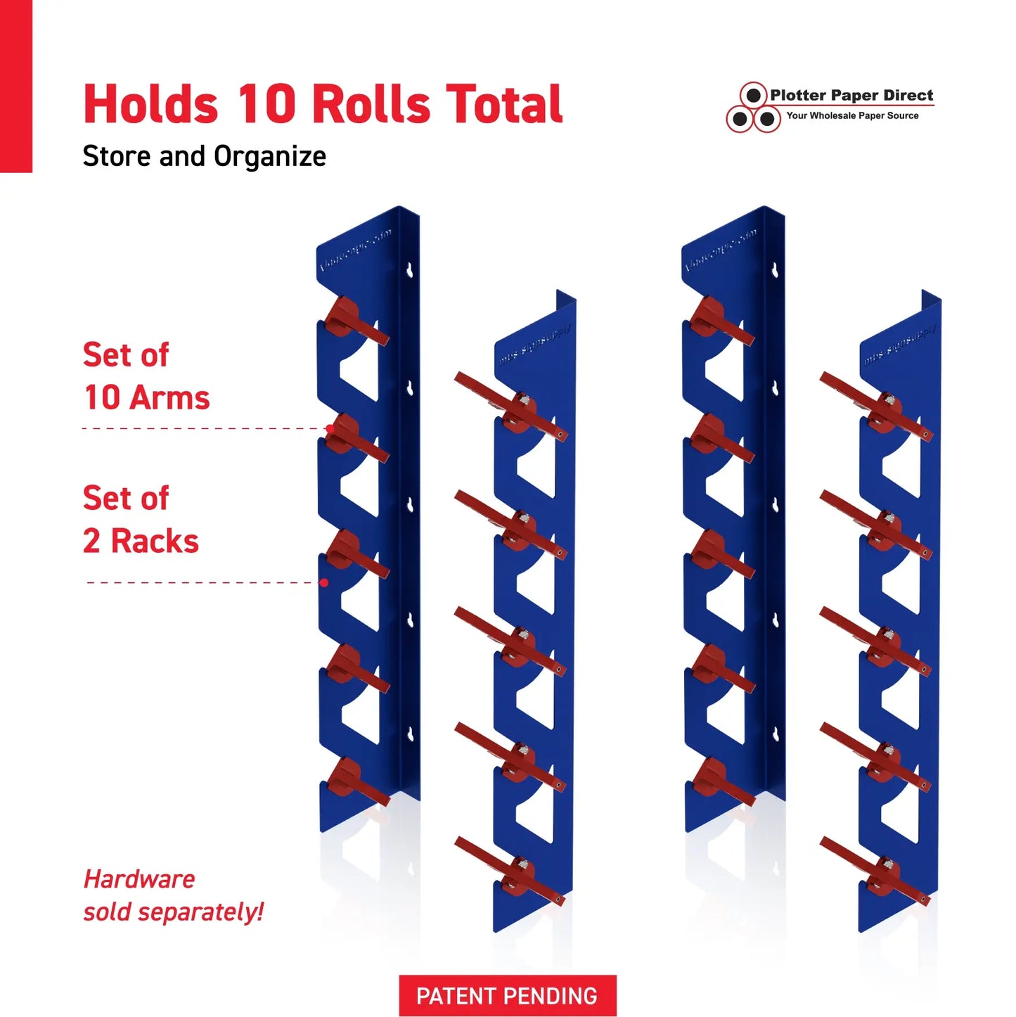 2-Pack Wall Mounted Vinyl Roll Storage Racks – Blue Aluminum with Red ABS Swivel Arms, Holds 10 Rolls Total, Space-Saving Organizer for Print Shops, Studios & Craft Rooms
