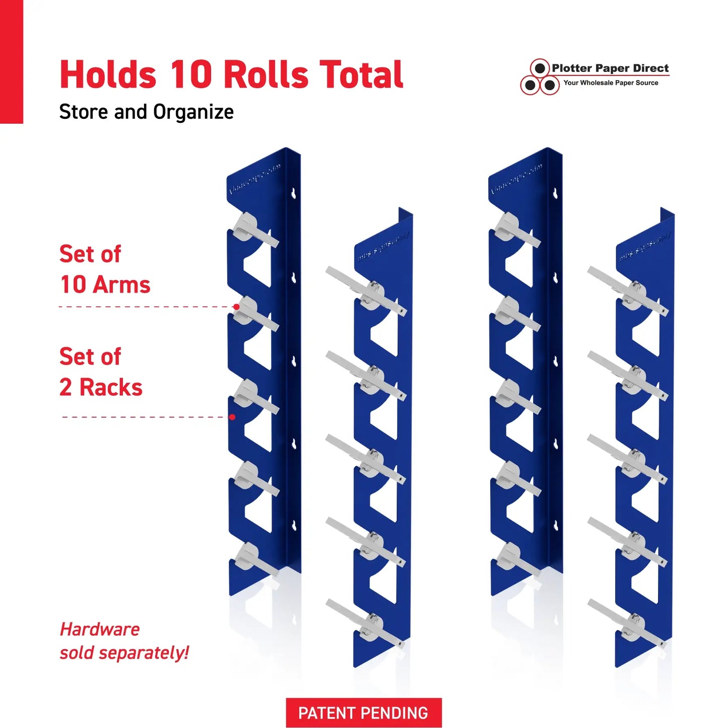 2-Pack Wall Mounted Vinyl Roll Storage Racks – Blue Aluminum with White ABS Swivel Arms, Holds 10 Rolls Total, Space-Saving Organizer for Print Shops, Studios & Craft Rooms