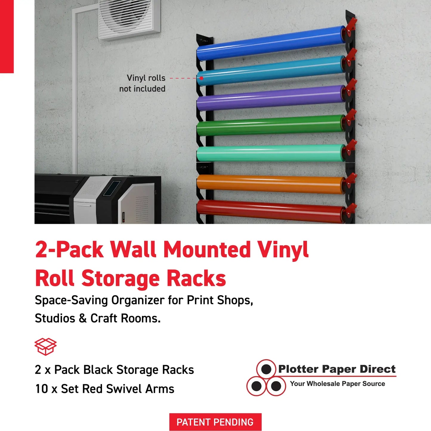 2-Pack Wall Mounted Vinyl Roll Storage Racks – Black Aluminum with Red ABS Swivel Arms, Holds 10 Rolls Total, Space-Saving Organizer for Print Shops, Studios & Craft Rooms