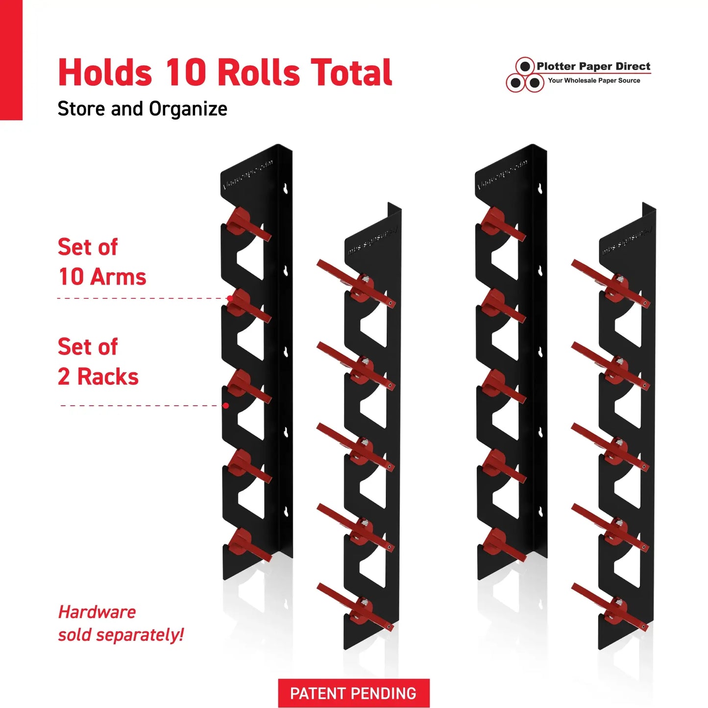 2-Pack Wall Mounted Vinyl Roll Storage Racks – Black Aluminum with Red ABS Swivel Arms, Holds 10 Rolls Total, Space-Saving Organizer for Print Shops, Studios & Craft Rooms