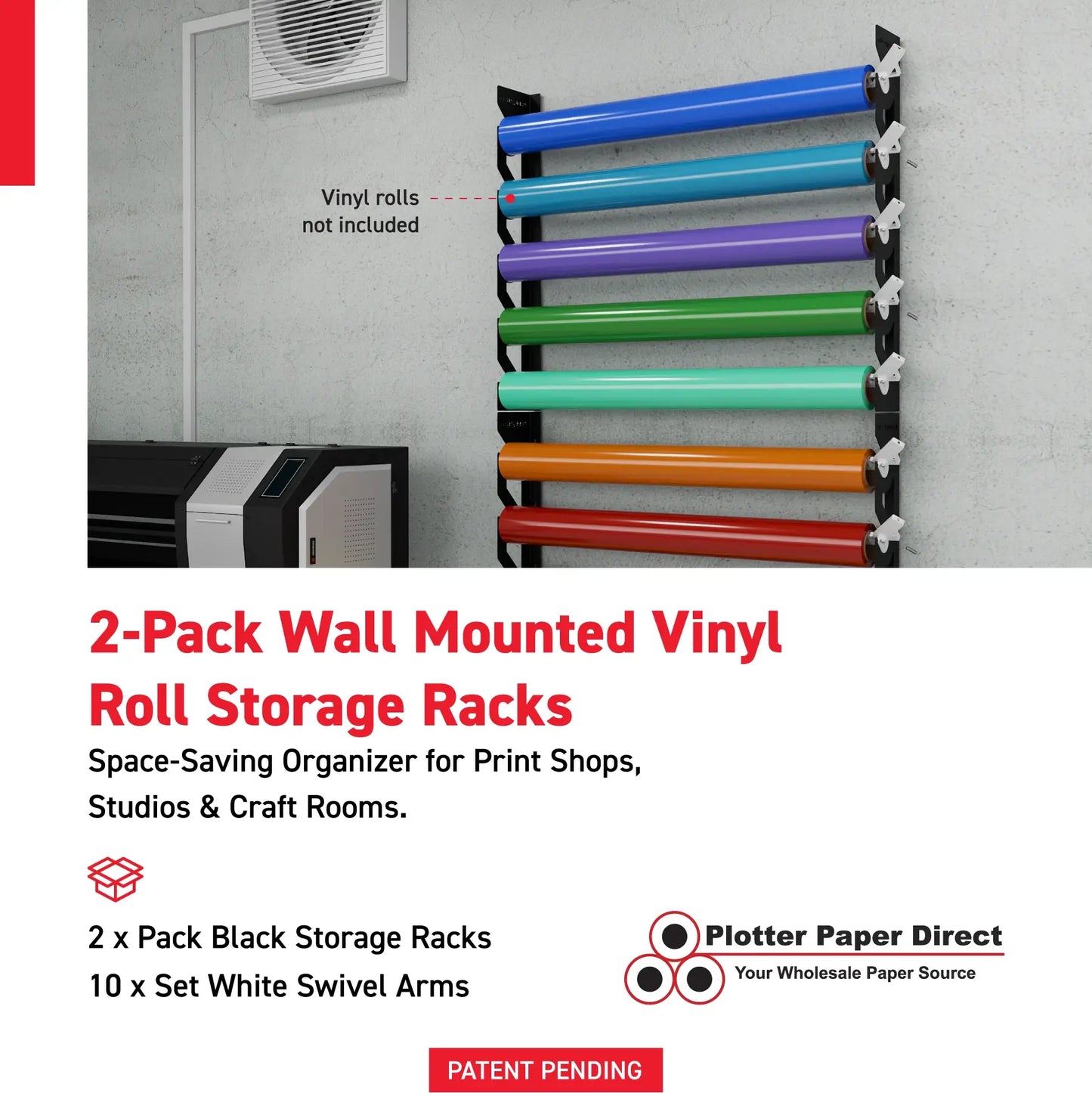 2-Pack Wall Mounted Vinyl Roll Storage Racks – Black Aluminum with White ABS Swivel Arms, Holds 10 Rolls Total, Space-Saving Organizer for Print Shops, Studios & Craft Rooms