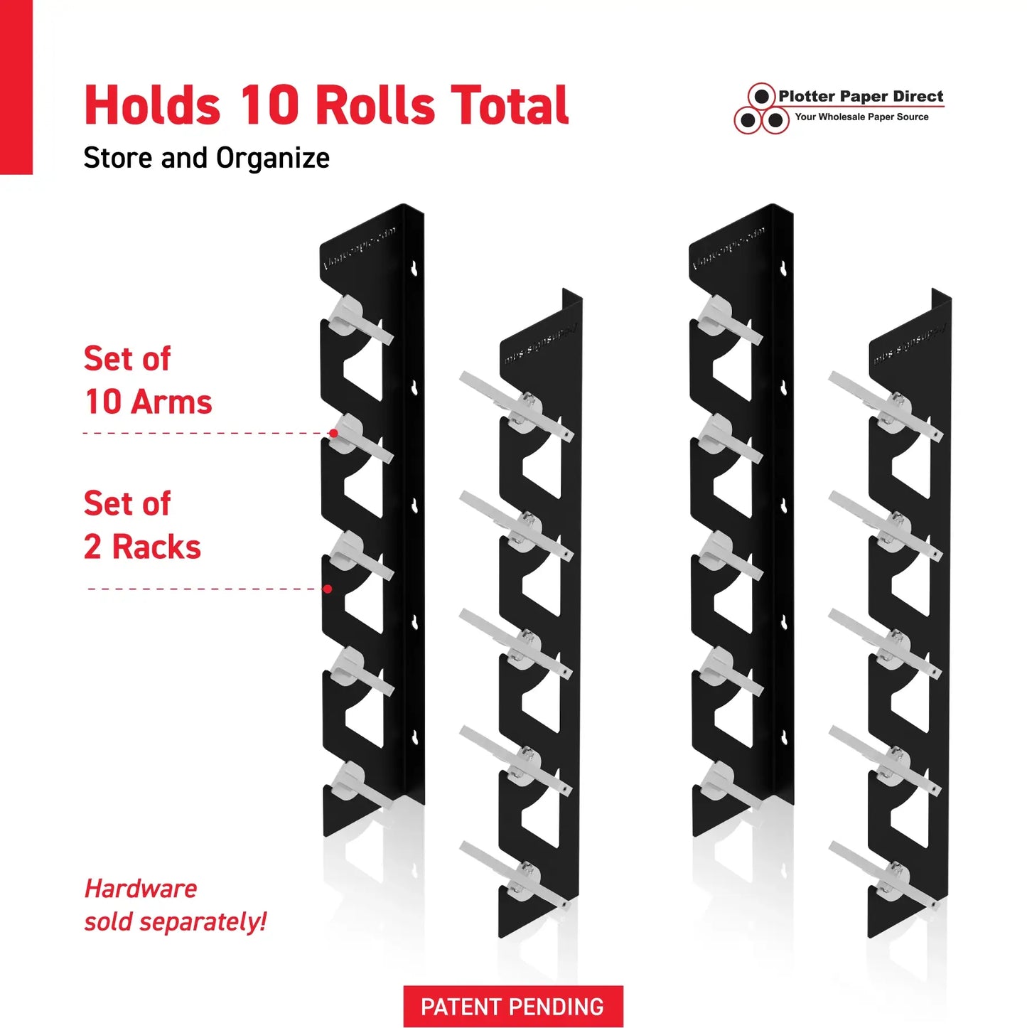 2-Pack Wall Mounted Vinyl Roll Storage Racks – Black Aluminum with White ABS Swivel Arms, Holds 10 Rolls Total, Space-Saving Organizer for Print Shops, Studios & Craft Rooms