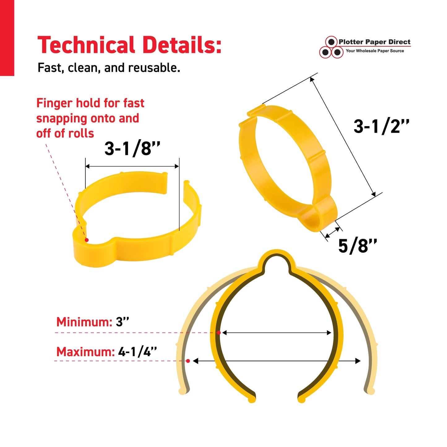 Kit Of 10 Yellow Vinyl Roll Retaining Clips, Quick-Release Plastic Media Holders, No Tape, No Damage, Fits 3" Core, Secures Up to 5" Diameter Rolls
