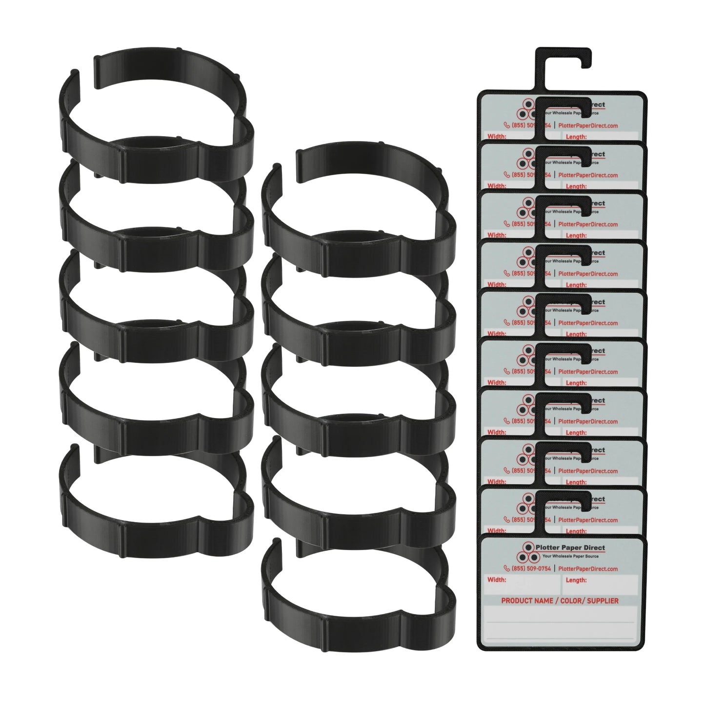 Vinyl Roll Storage Kit – 10 Black Retaining Clips & 10 Black Writable MediaCards | Quick-Release Holders for 3" Core, Up to 5" Rolls | Double-Sided Labeling for Size, Color & Supplier