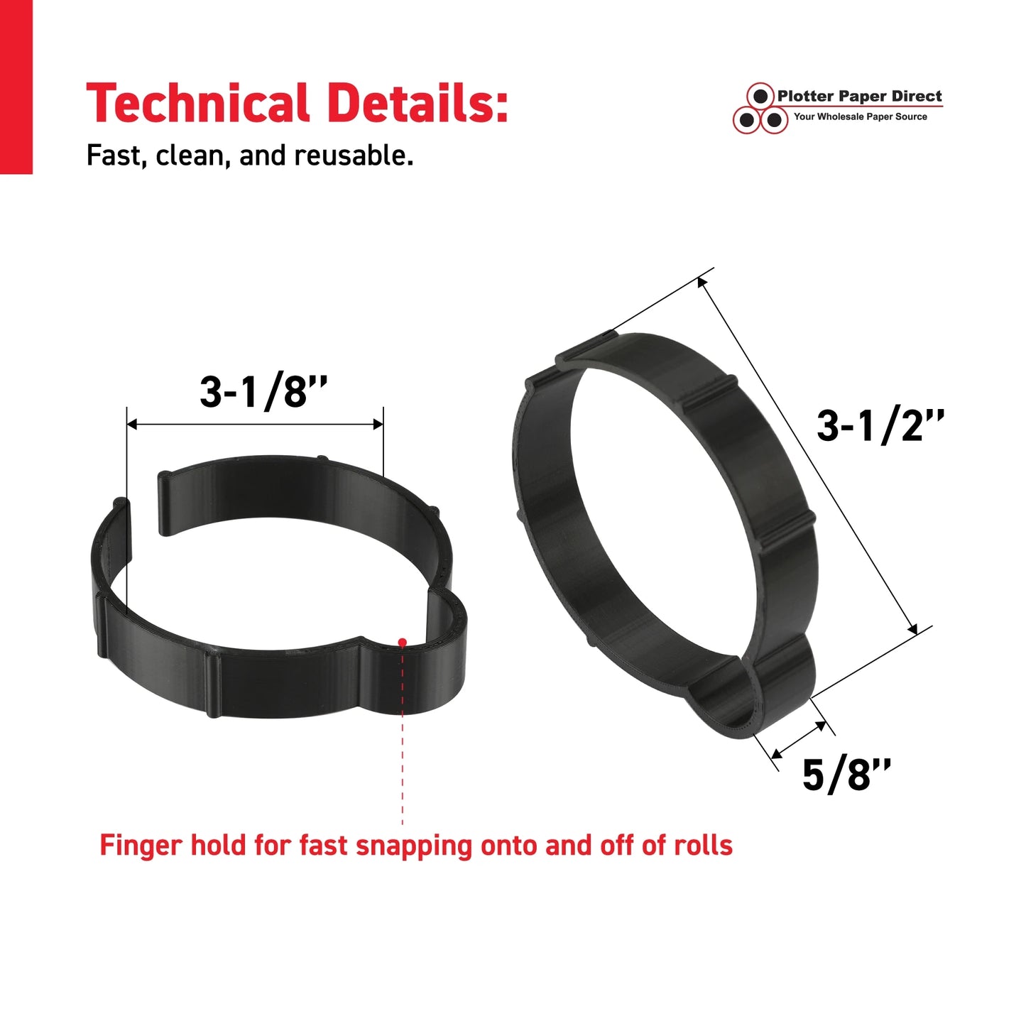 Kit Of 10 Black Vinyl Roll Retaining Clips, Quick-Release Plastic Media Holders, No Tape, No Damage, Fits 3" Core, Secures Up to 5" Diameter Rolls
