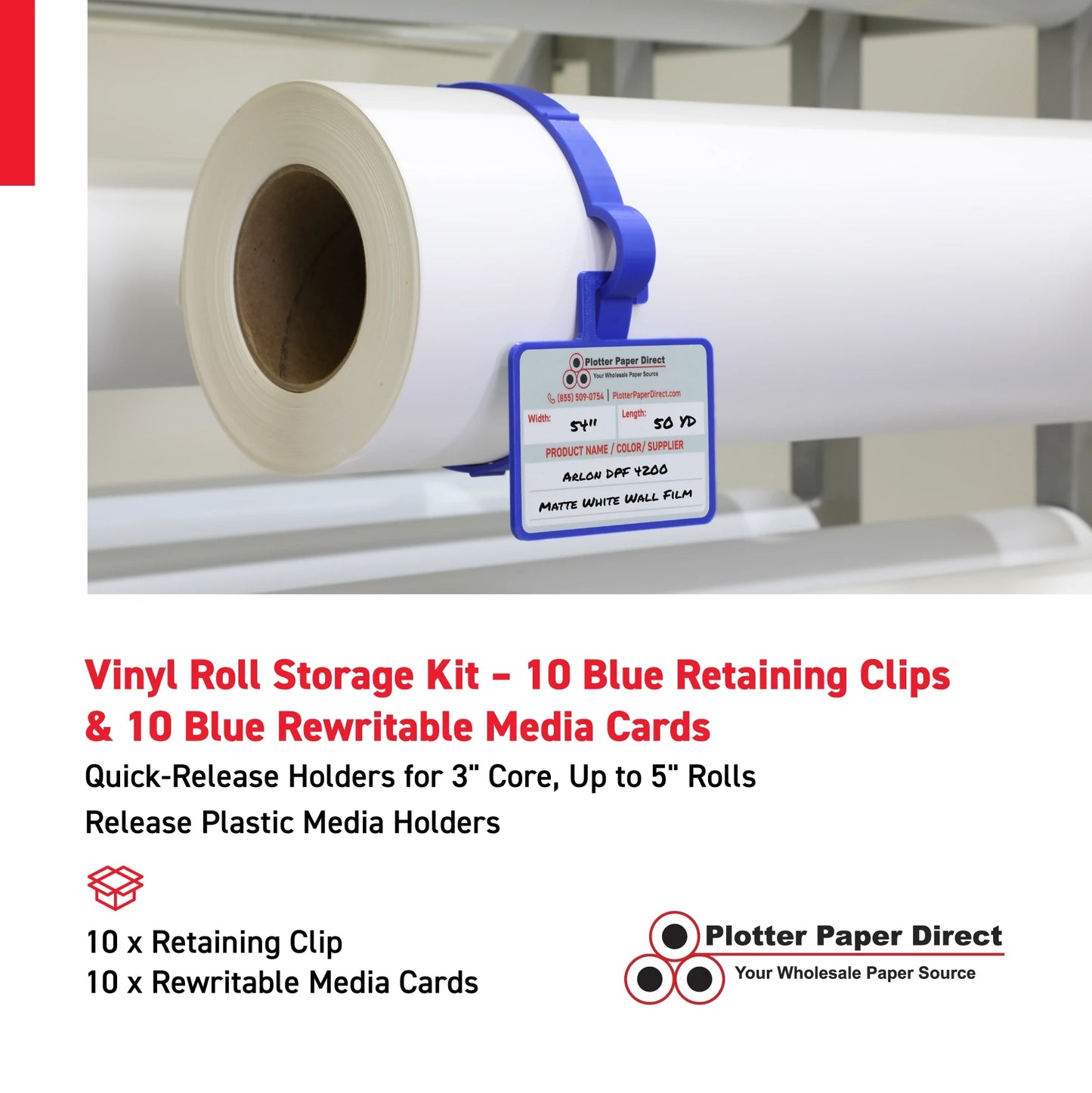 Vinyl Roll Storage Kit – 10 Blue Retaining Clips & 10 Blue Writable MediaCards | Quick-Release Holders for 3" Core, Up to 5" Rolls | Double-Sided Labeling for Size, Color & Supplier