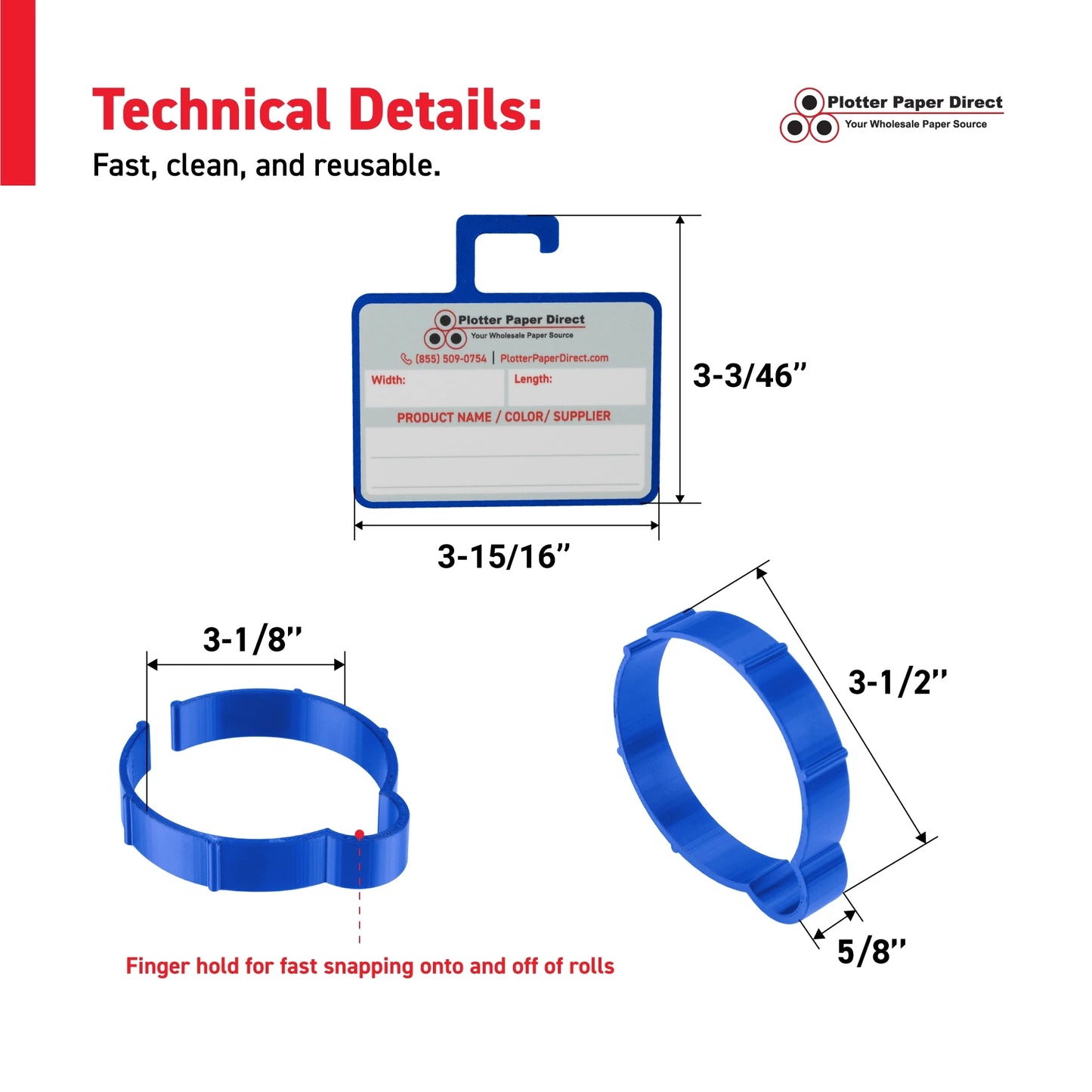 Vinyl Roll Storage Kit – 10 Blue Retaining Clips & 10 Blue Writable MediaCards | Quick-Release Holders for 3" Core, Up to 5" Rolls | Double-Sided Labeling for Size, Color & Supplier