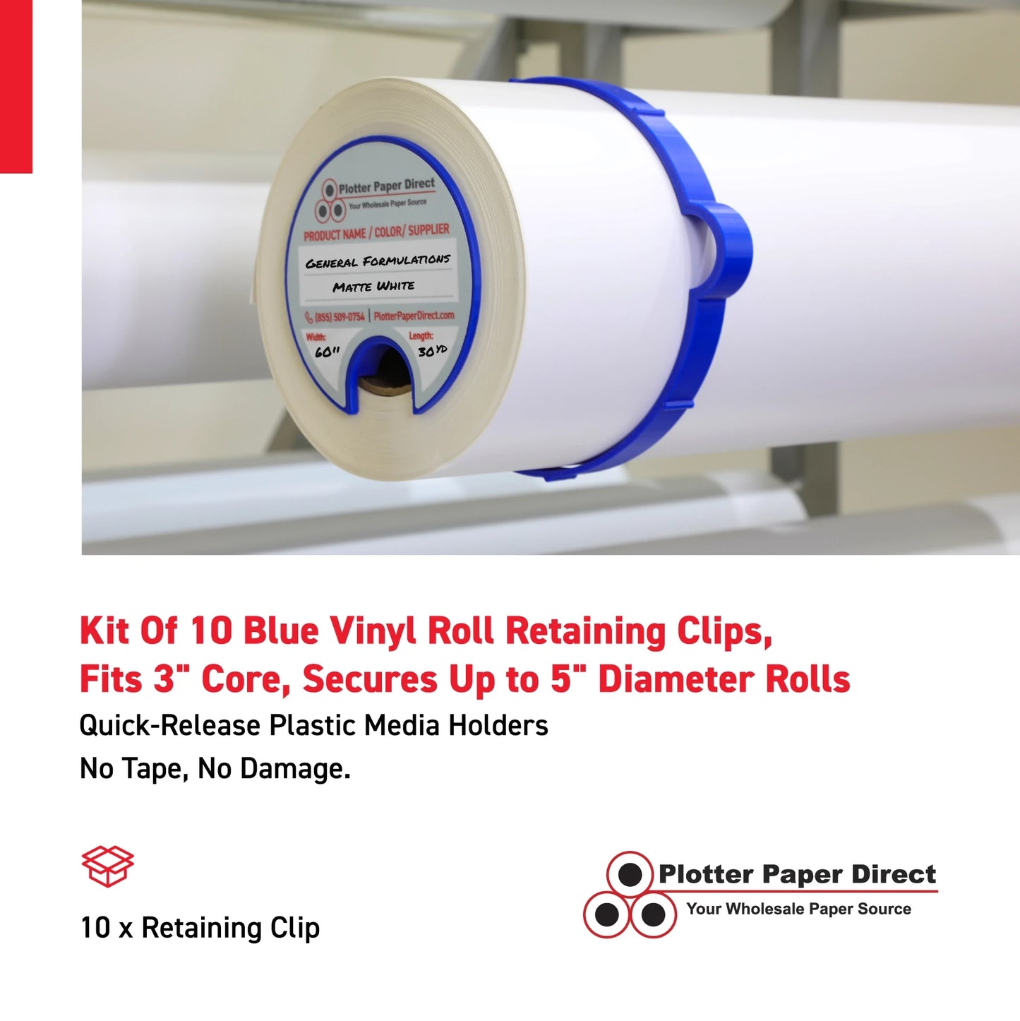 Kit Of 10 Blue Vinyl Roll Retaining Clips, Quick-Release Plastic Media Holders, No Tape, No Damage, Fits 3" Core, Secures Up to 5" Diameter Rolls
