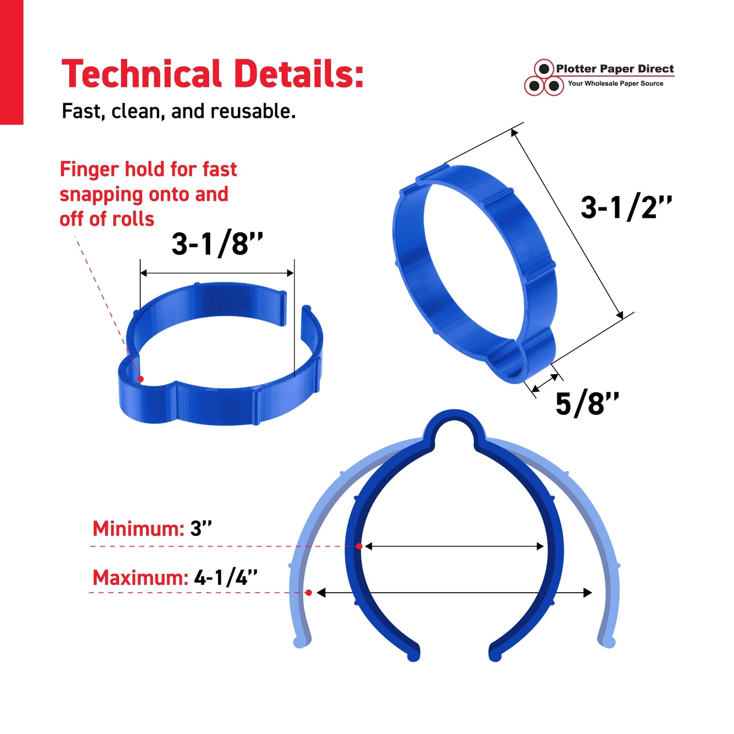 Kit Of 10 Blue Vinyl Roll Retaining Clips, Quick-Release Plastic Media Holders, No Tape, No Damage, Fits 3" Core, Secures Up to 5" Diameter Rolls