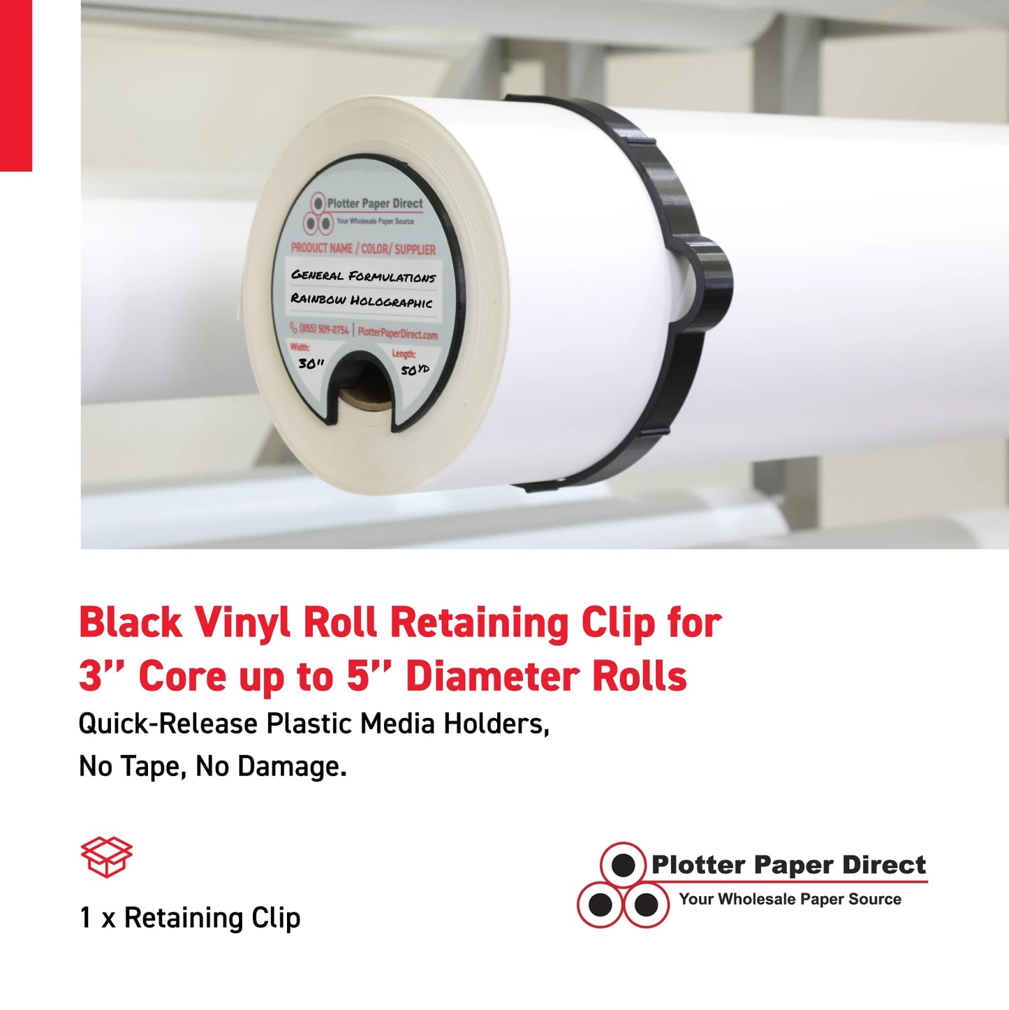 Black Vinyl Roll Retaining Clips, Quick-Release Plastic Media Holders, No Tape, No Damage, Fits 3" Core, Secures Up to 5" Diameter Rolls