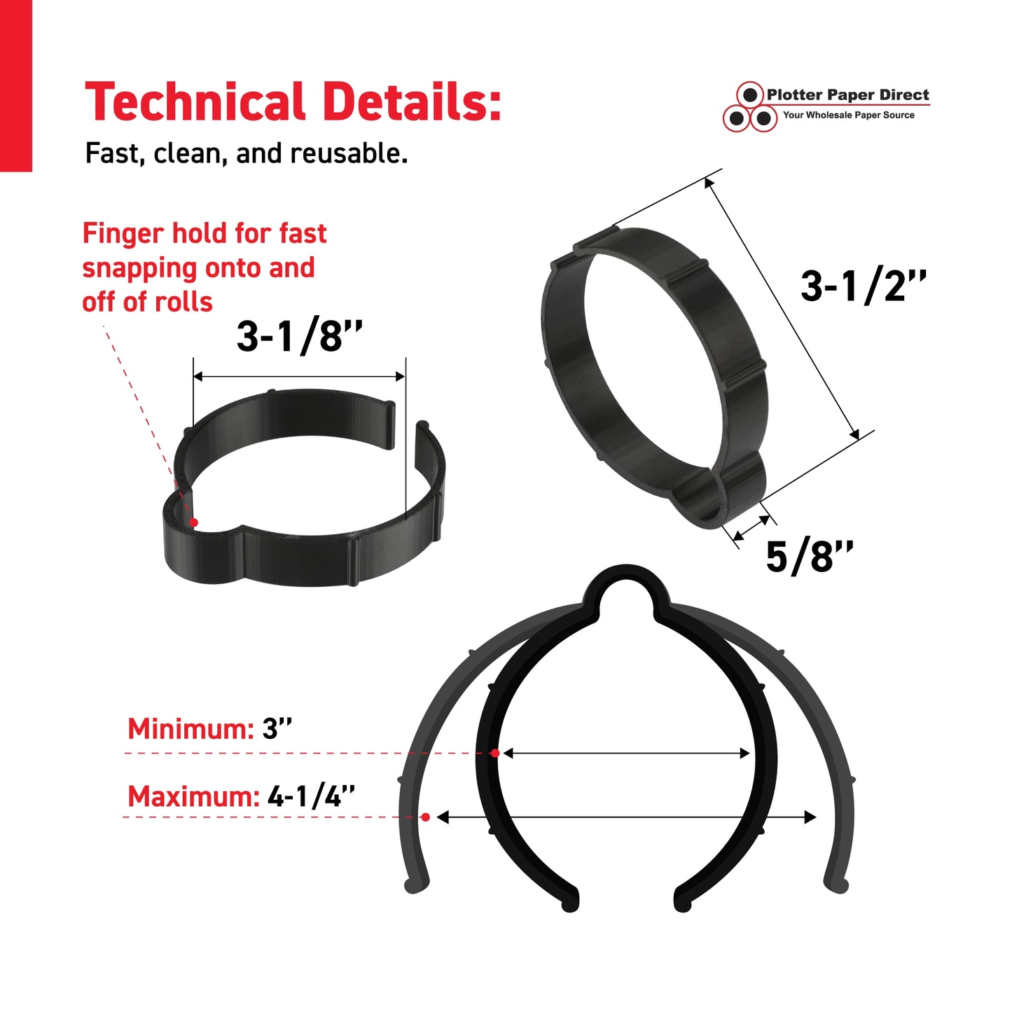 Black Vinyl Roll Retaining Clips, Quick-Release Plastic Media Holders, No Tape, No Damage, Fits 3" Core, Secures Up to 5" Diameter Rolls