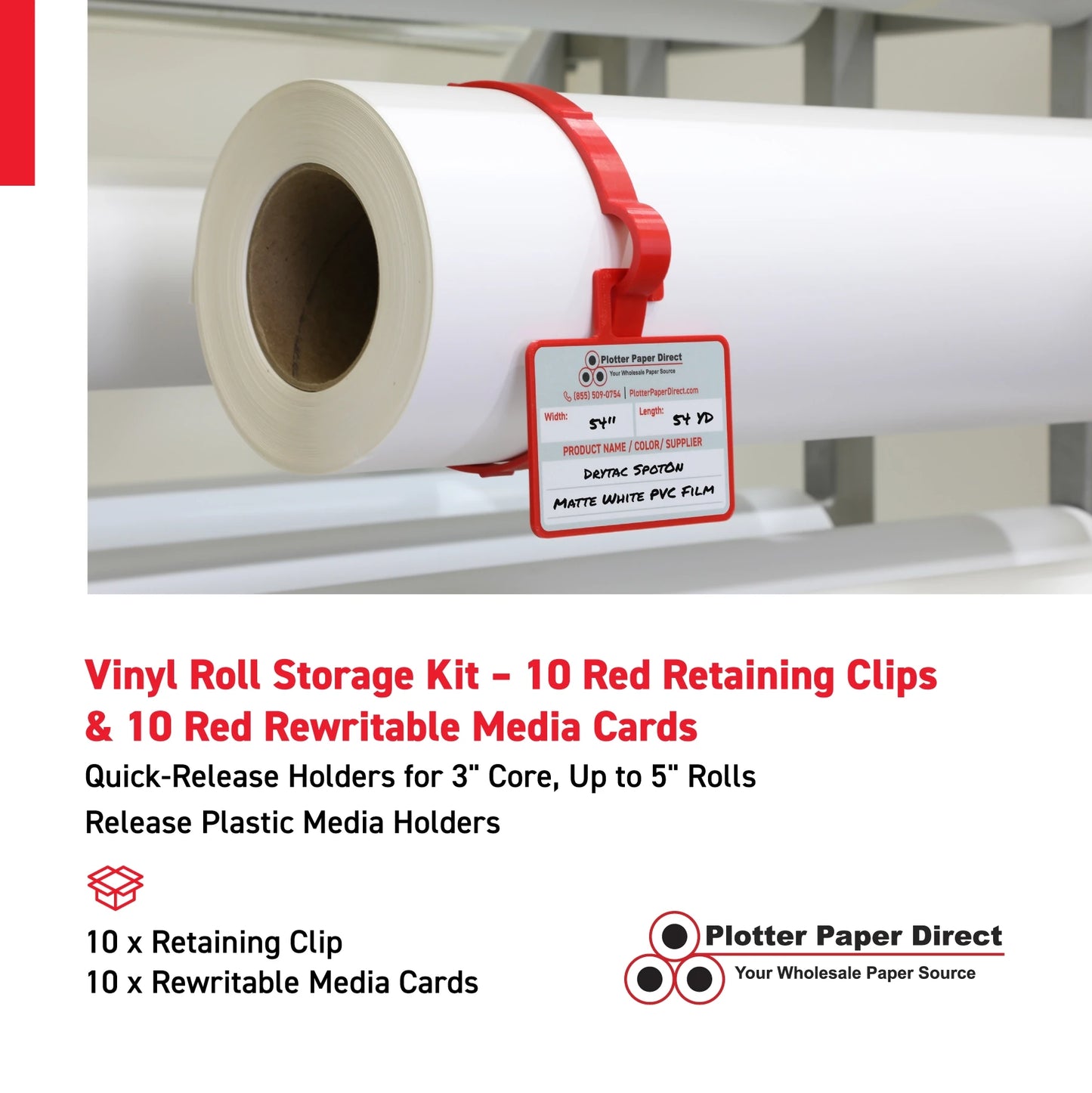 Vinyl Roll Storage Kit – 10 Red Retaining Clips & 10 Red Writable MediaCards | Quick-Release Holders for 3" Core, Up to 5" Rolls | Double-Sided Labeling for Size, Color & Supplier