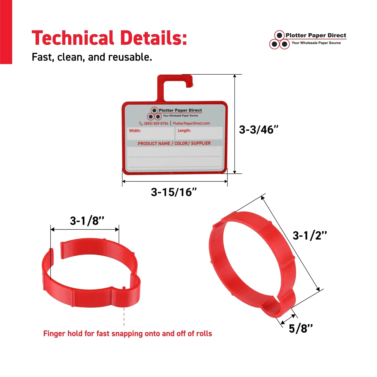 Vinyl Roll Storage Kit – 10 Red Retaining Clips & 10 Red Writable MediaCards | Quick-Release Holders for 3" Core, Up to 5" Rolls | Double-Sided Labeling for Size, Color & Supplier