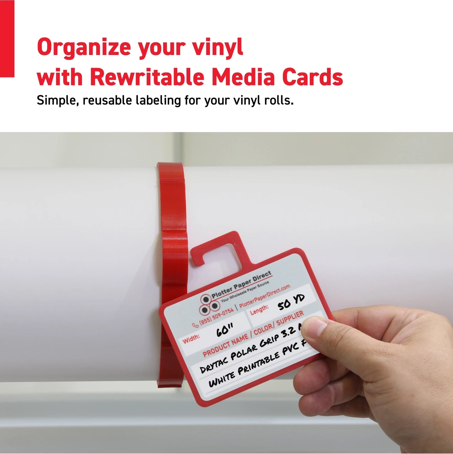 Vinyl Roll Storage Kit – 10 Red Retaining Clips & 10 Red Writable MediaCards | Quick-Release Holders for 3" Core, Up to 5" Rolls | Double-Sided Labeling for Size, Color & Supplier
