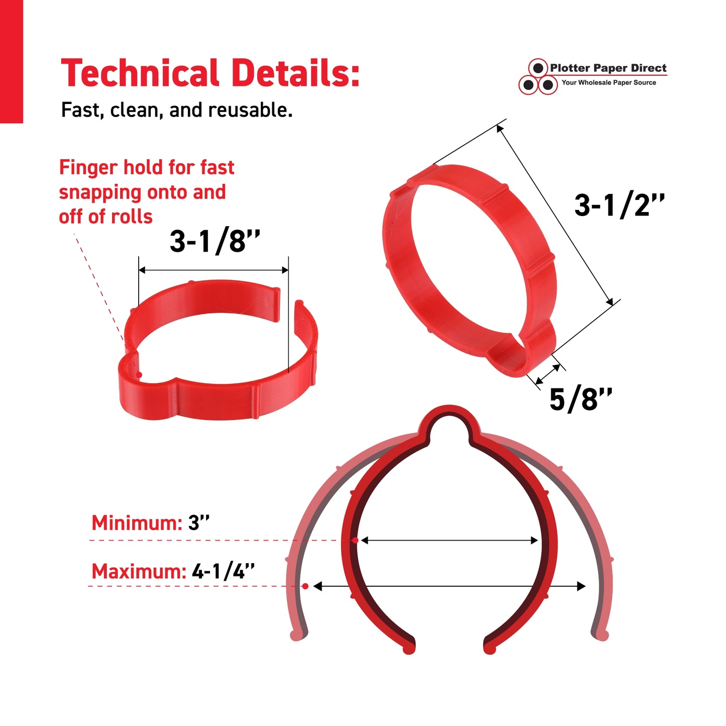 Red Vinyl Roll Retaining Clips, Quick-Release Plastic Media Holders, No Tape, No Damage, Fits 3" Core, Secures Up to 5" Diameter Rolls