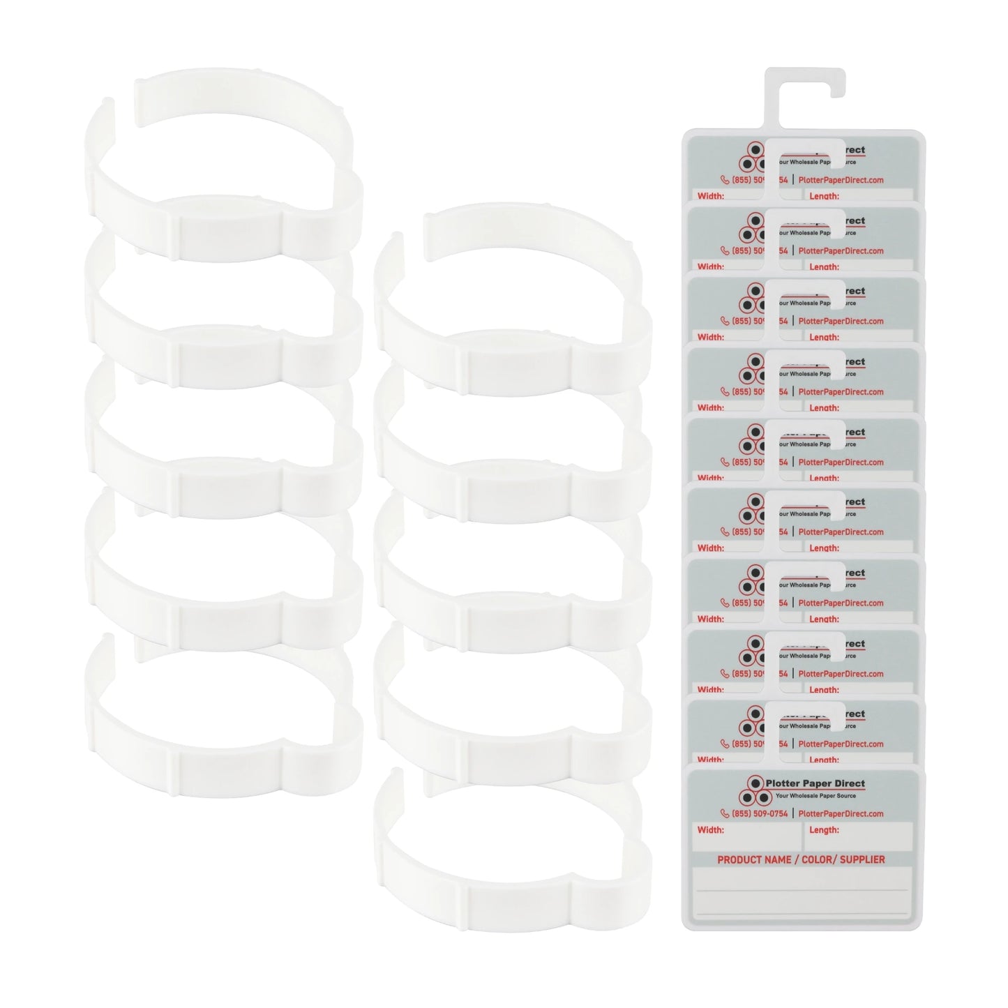 Vinyl Roll Storage Kit – 10 White Retaining Clips & 10 White Writable MediaCards | Quick-Release Holders for 3" Core, Up to 5" Rolls | Double-Sided Labeling for Size, Color & Supplier