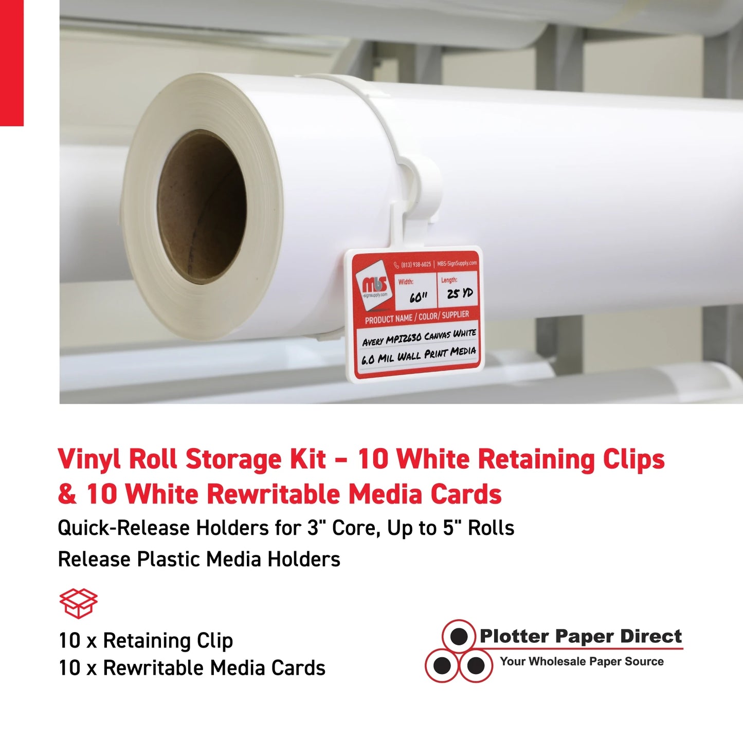 Vinyl Roll Storage Kit – 10 White Retaining Clips & 10 White Writable MediaCards | Quick-Release Holders for 3" Core, Up to 5" Rolls | Double-Sided Labeling for Size, Color & Supplier