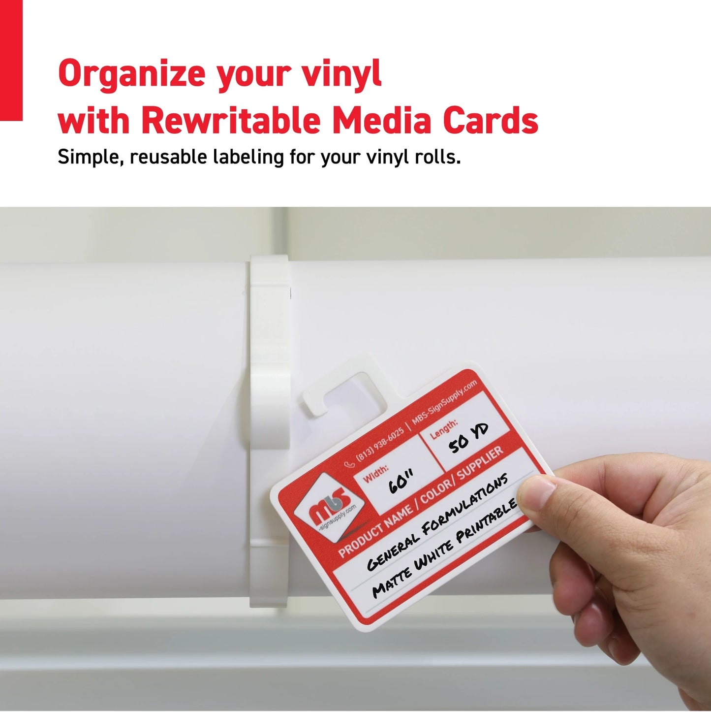 Vinyl Roll Storage Kit – 10 White Retaining Clips & 10 White Writable MediaCards | Quick-Release Holders for 3" Core, Up to 5" Rolls | Double-Sided Labeling for Size, Color & Supplier