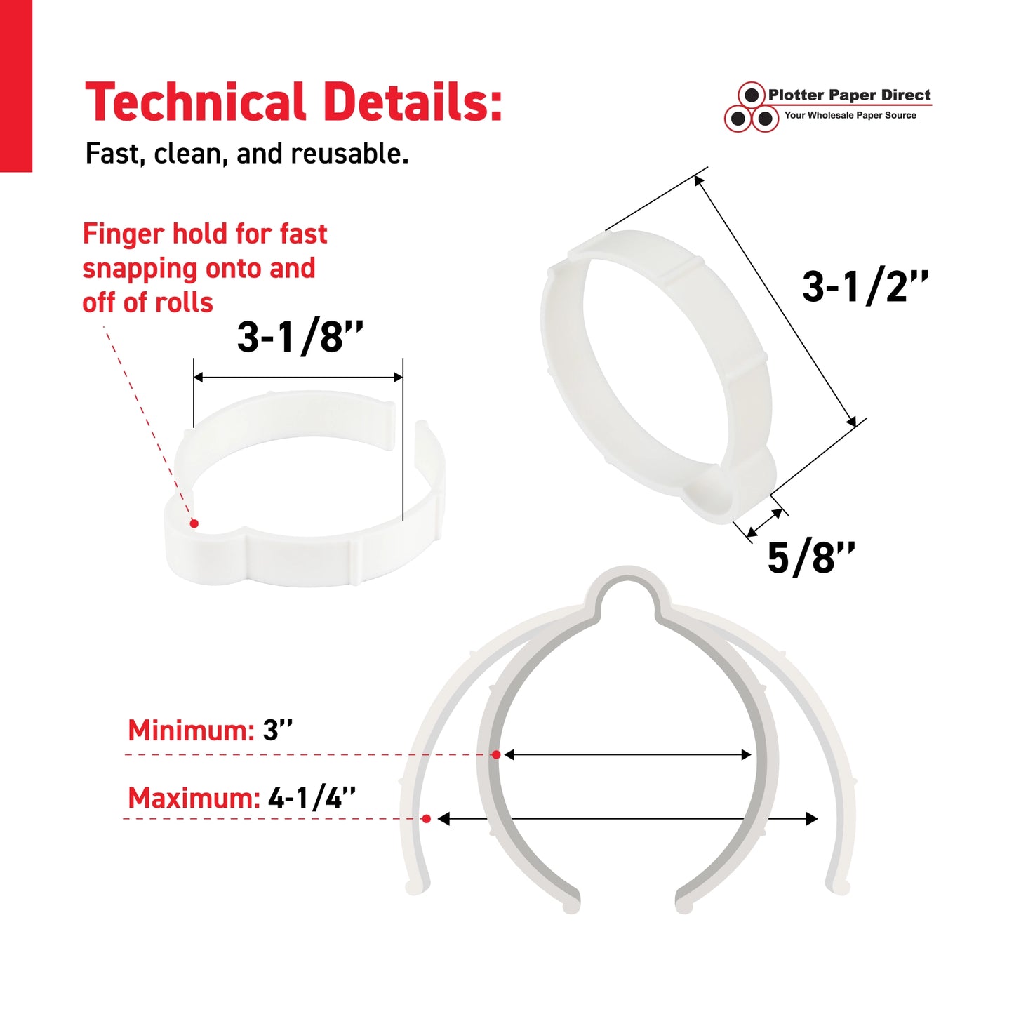 White Vinyl Roll Retaining Clips, Quick-Release Plastic Media Holders, No Tape, No Damage, Fits 3" Core, Secures Up to 5" Diameter Rolls