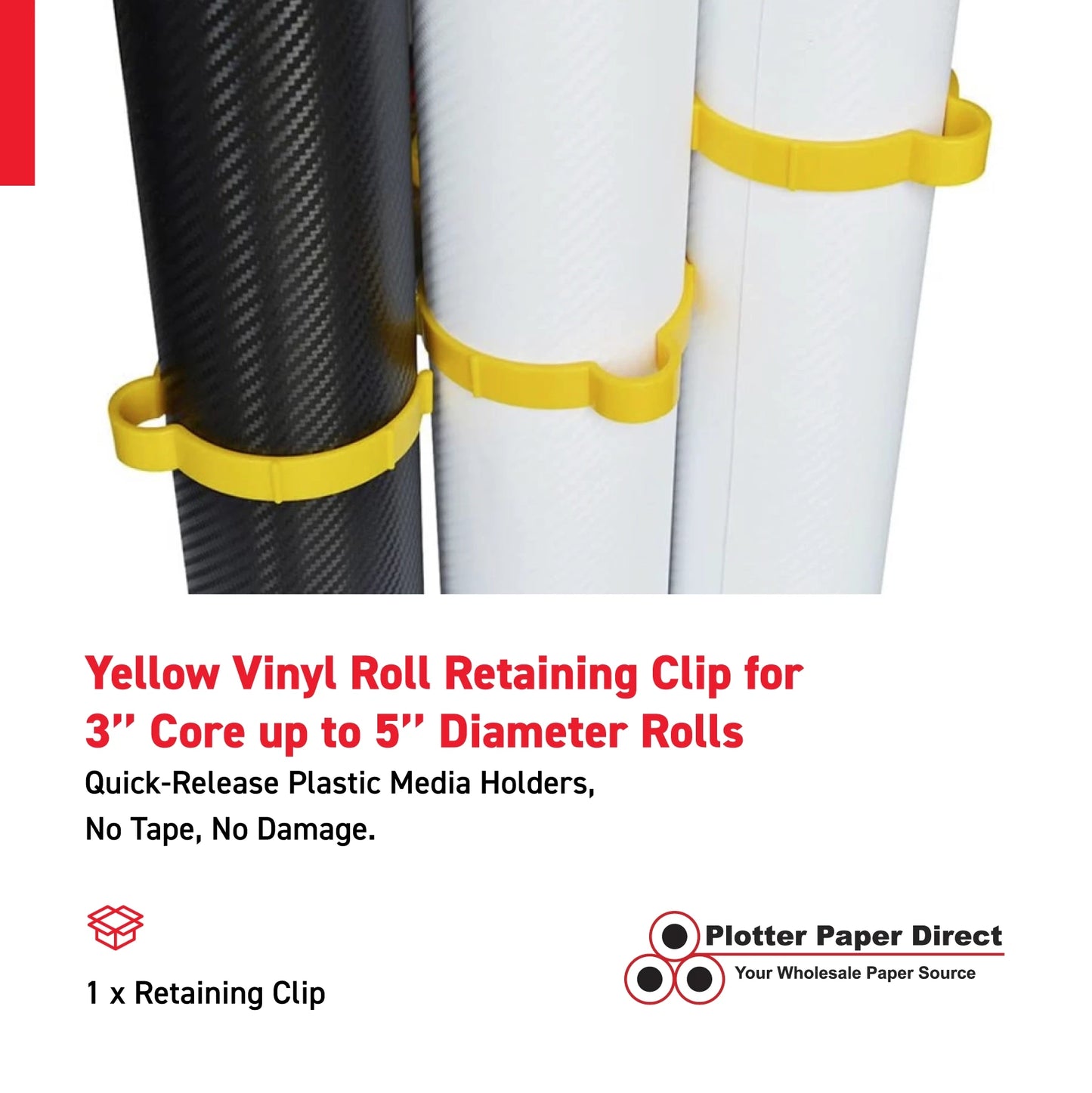 Yellow Vinyl Roll Retaining Clips, Quick-Release Plastic Media Holders, No Tape, No Damage, Fits 3" Core, Secures Up to 5" Diameter Rolls