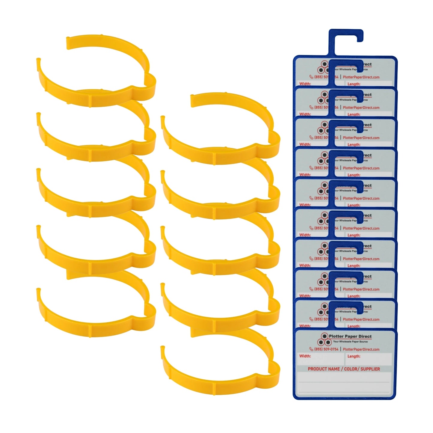 Vinyl Roll Storage Kit – 10 Yellow Retaining Clips & 10 Blue Writable MediaCards | Quick-Release Holders for 4" Core, Up to 6" Rolls | Double-Sided Labeling for Size, Color & Supplier