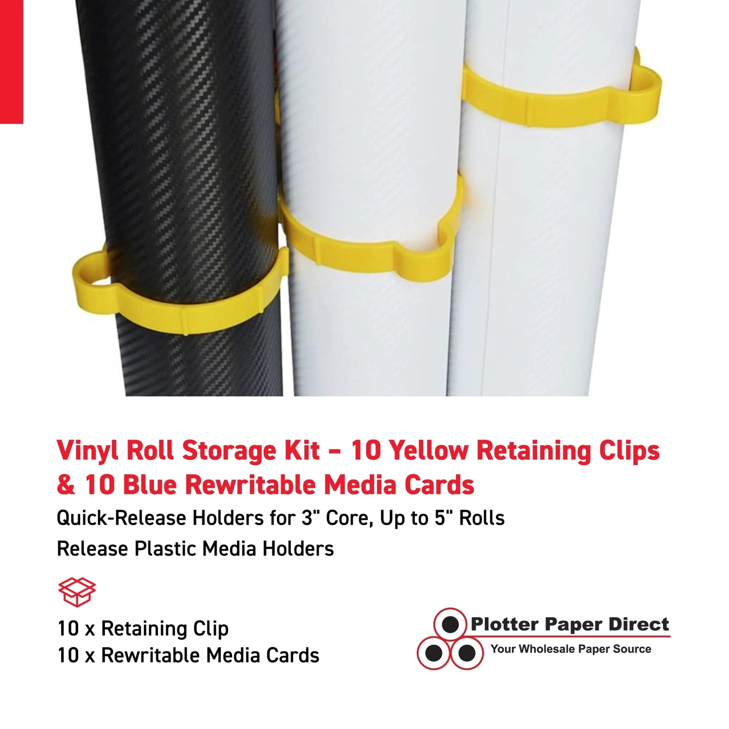 Vinyl Roll Storage Kit – 10 Yellow Retaining Clips & 10 Blue Writable MediaCards | Quick-Release Holders for 4" Core, Up to 6" Rolls | Double-Sided Labeling for Size, Color & Supplier