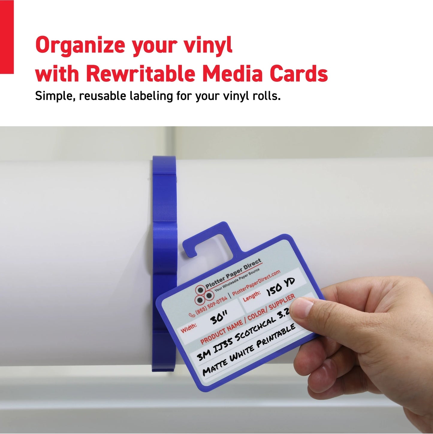 Vinyl Roll Storage Kit – 10 Yellow Retaining Clips & 10 Blue Writable MediaCards | Quick-Release Holders for 4" Core, Up to 6" Rolls | Double-Sided Labeling for Size, Color & Supplier