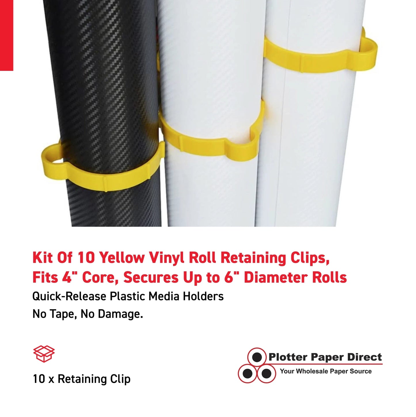 Kit Of 10 Yellow Vinyl Roll Retaining Clips, Quick-Release Plastic Media Holders, No Tape, No Damage, Fits 4" Core, Secures Up to 6" Diameter Rolls
