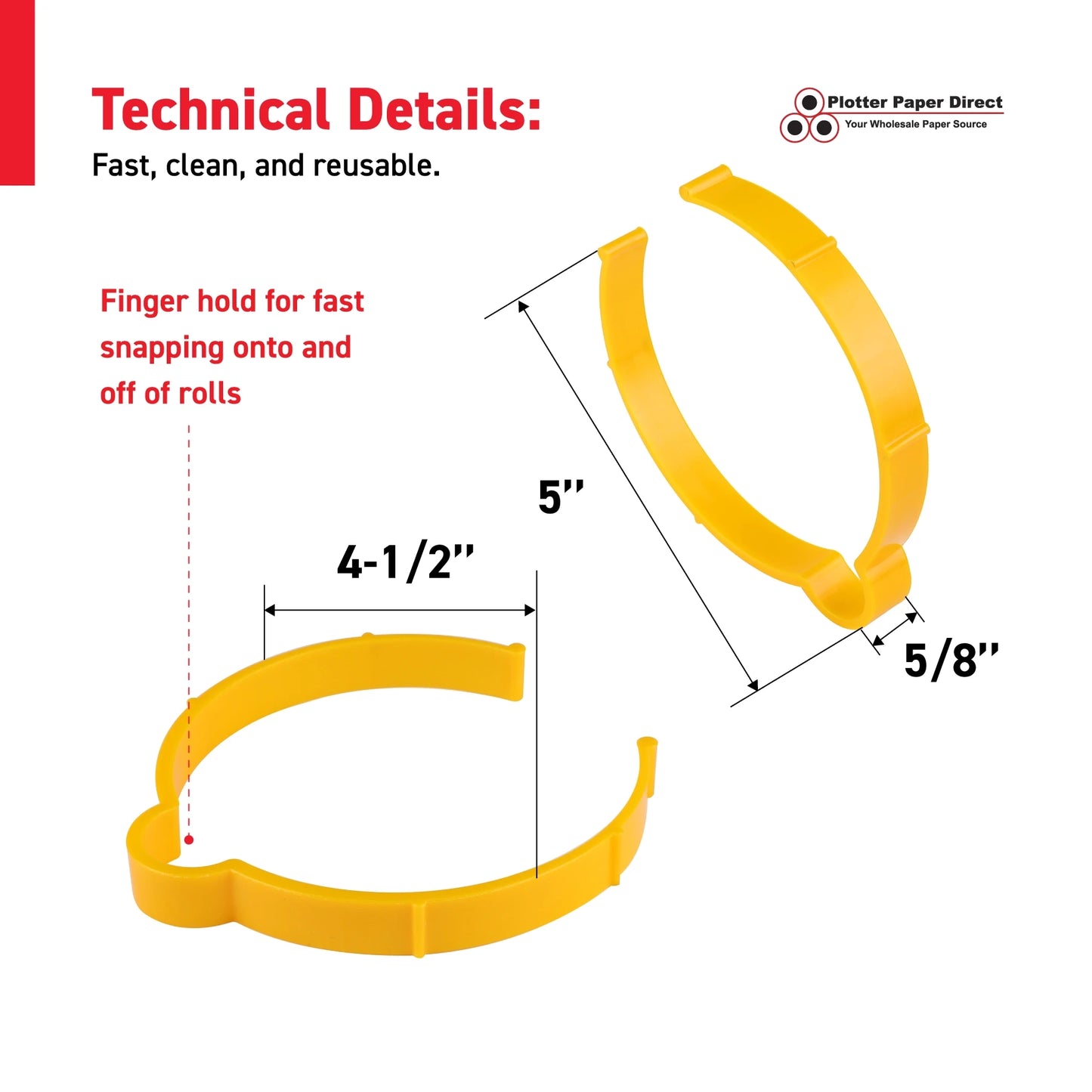 Kit Of 10 Yellow Vinyl Roll Retaining Clips, Quick-Release Plastic Media Holders, No Tape, No Damage, Fits 4" Core, Secures Up to 6" Diameter Rolls