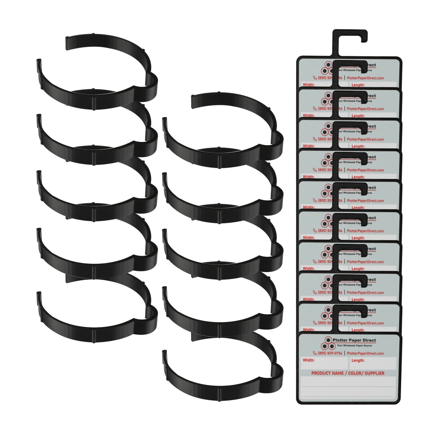 Vinyl Roll Storage Kit – 10 Black Retaining Clips & 10 Black Writable MediaCards | Quick-Release Holders for 4" Core, Up to 6" Rolls | Double-Sided Labeling for Size, Color & Supplier